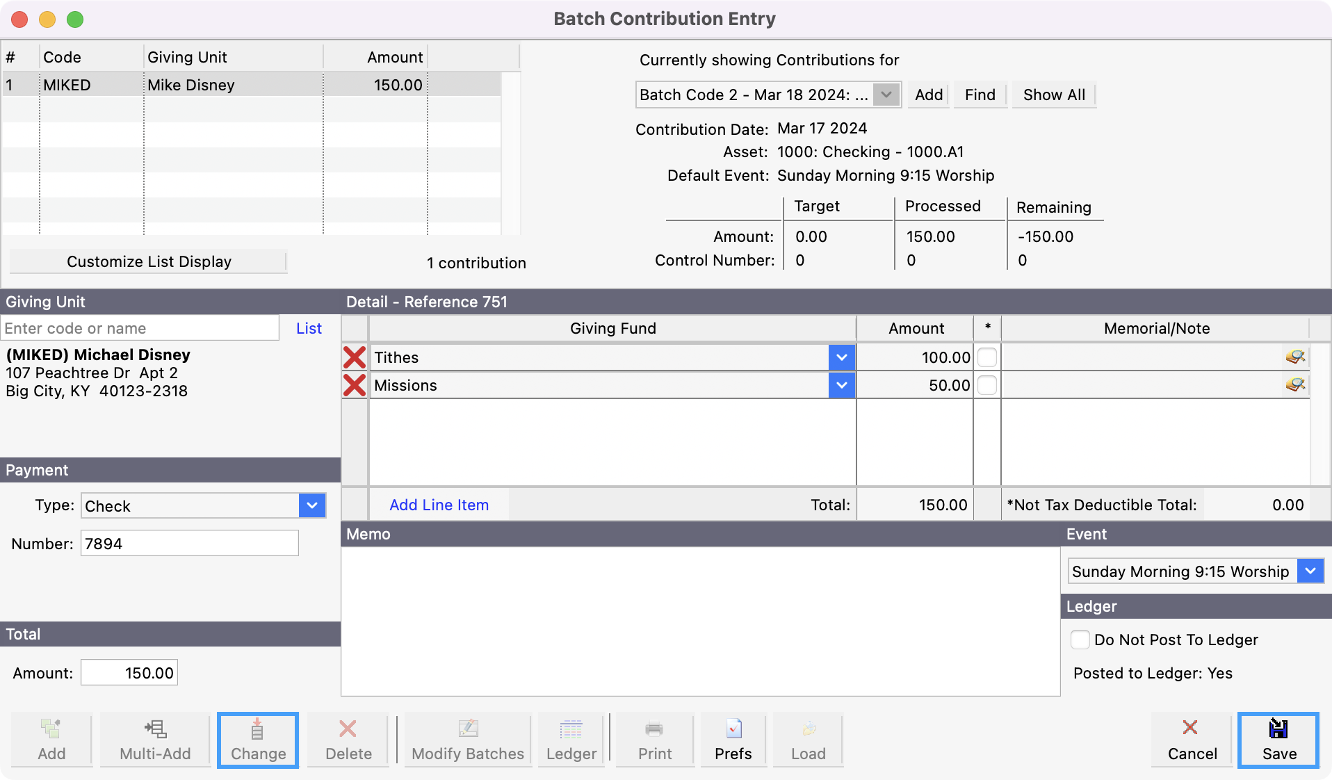Batch Contribution Entry window with Change and Save highlighted.