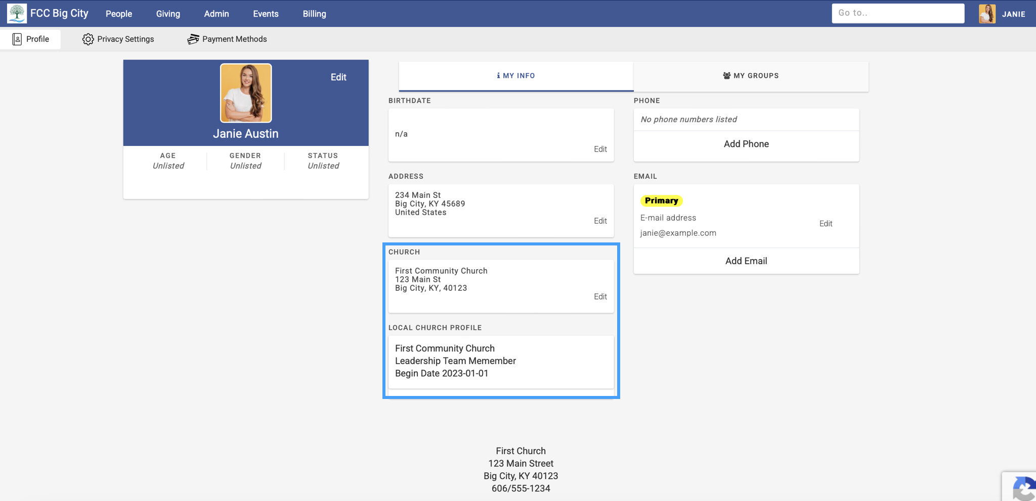 Engage Personal Profile page with the church record and Local Church Profile fields highlighted.