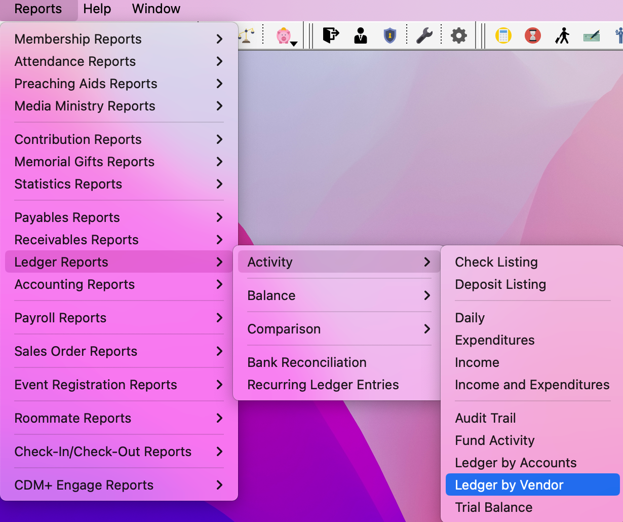 Navigation path the ledger by vendor report.