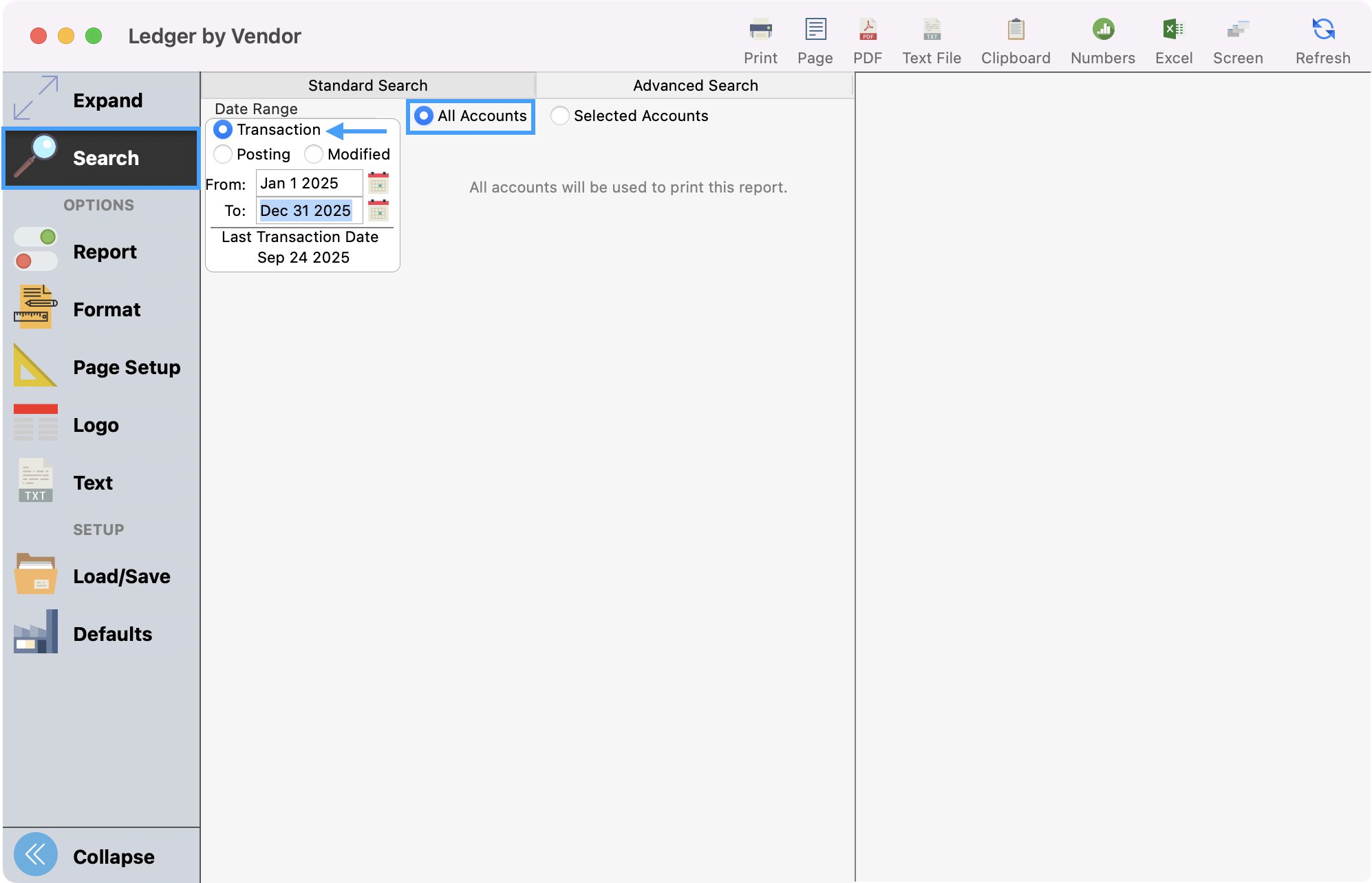 Ledger by Vendor report window with Search in the left sidebar, Transaction date, and All Accounts highlighted.
