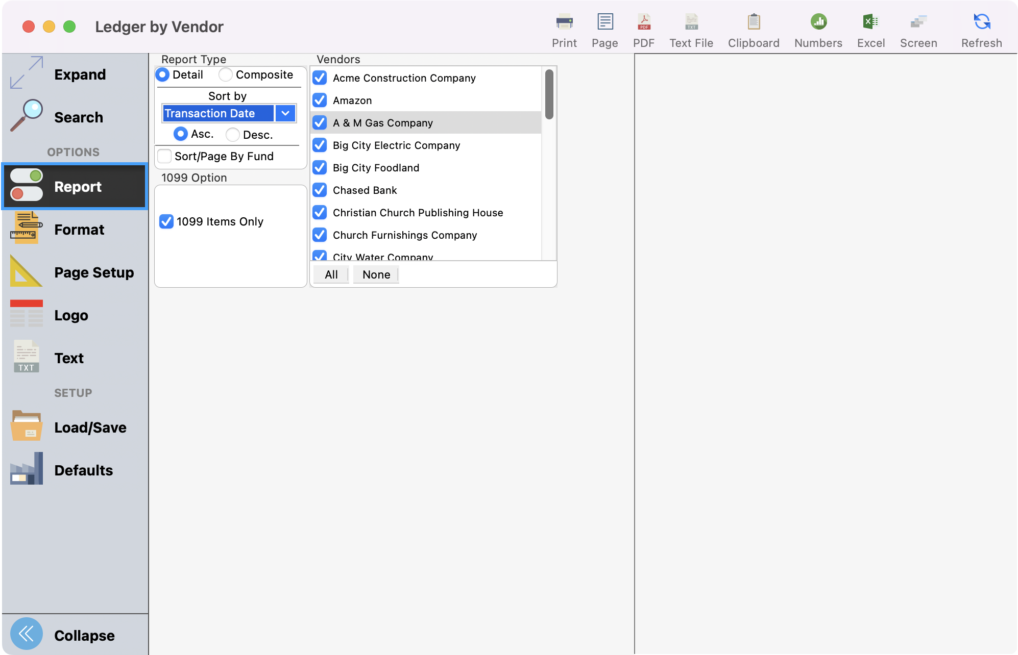 Ledger by Vendor report with report highlighted in the left sidebar. 