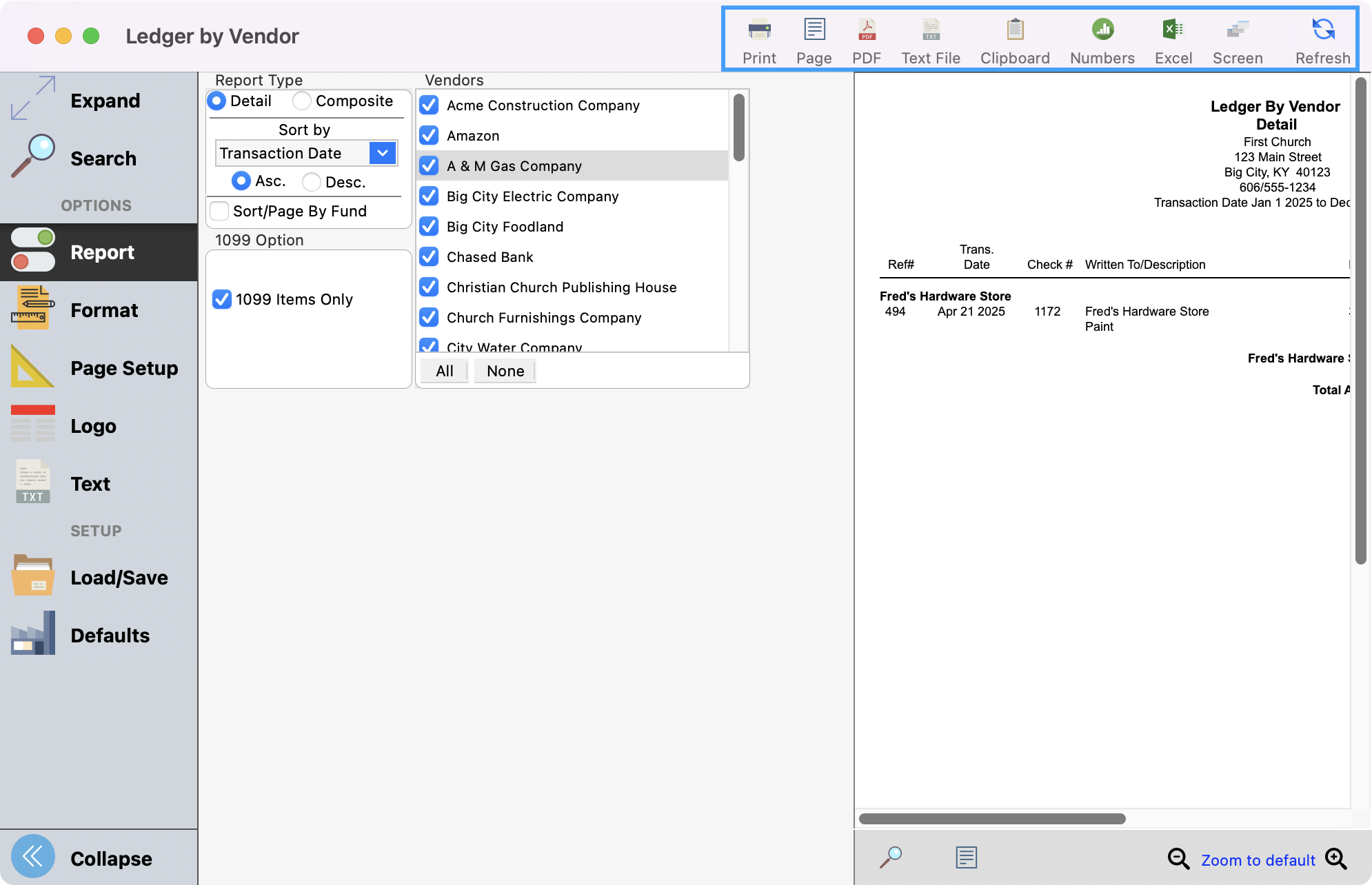 Ledger by Vendor report window with the Refresh, Export, and Print options highlighted.