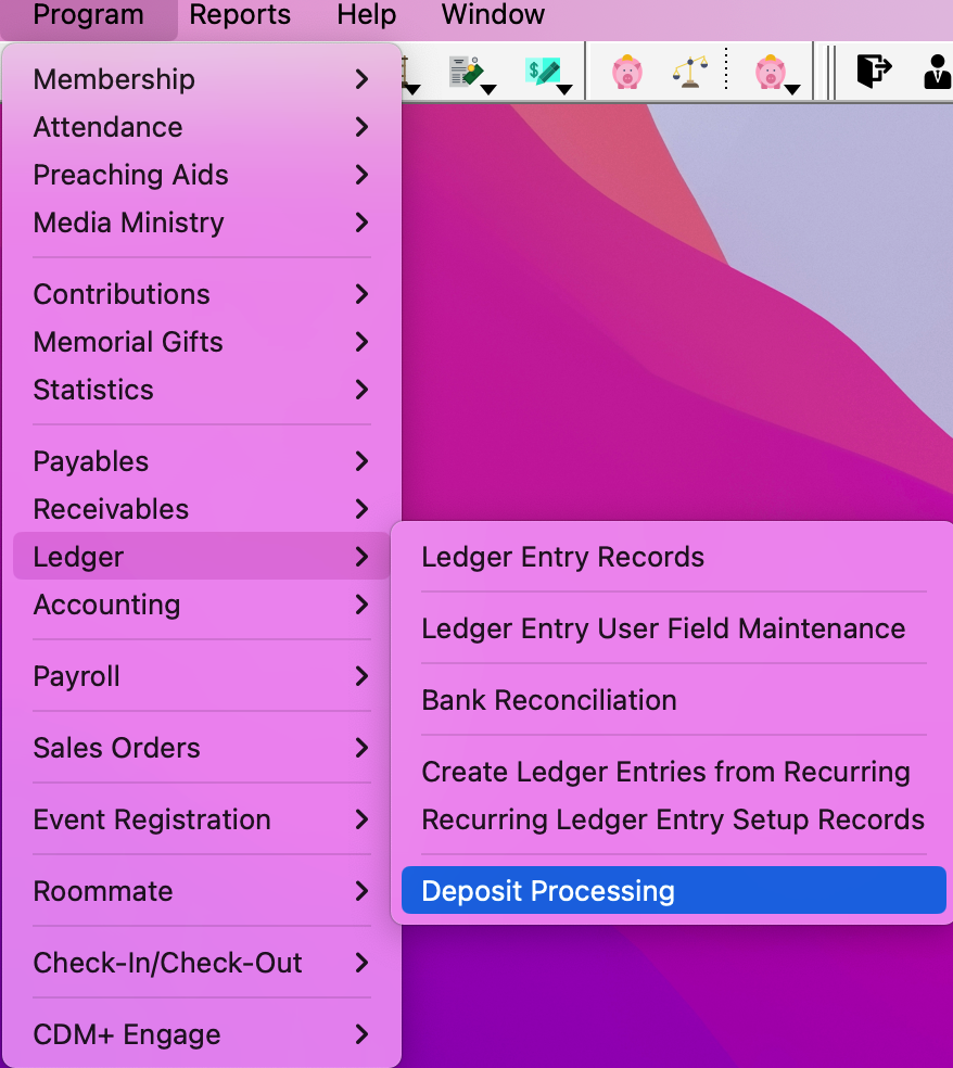 Navigation path to Deposit Processing
