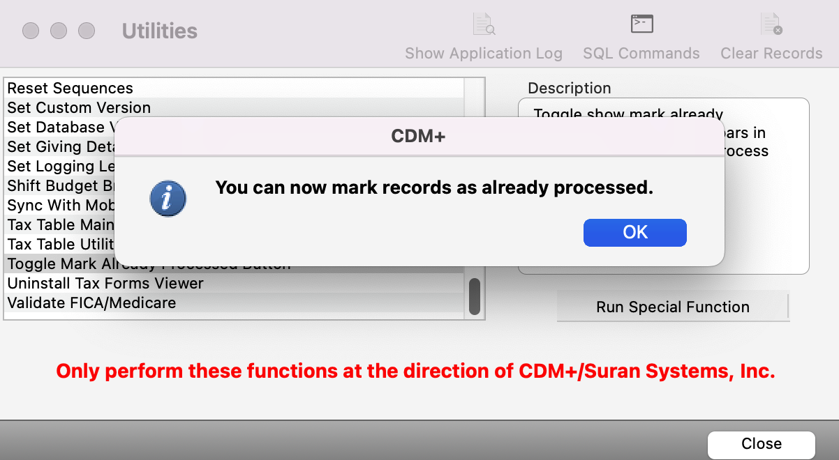 Pop-up letting you know you can now mark transactions as already processed.
