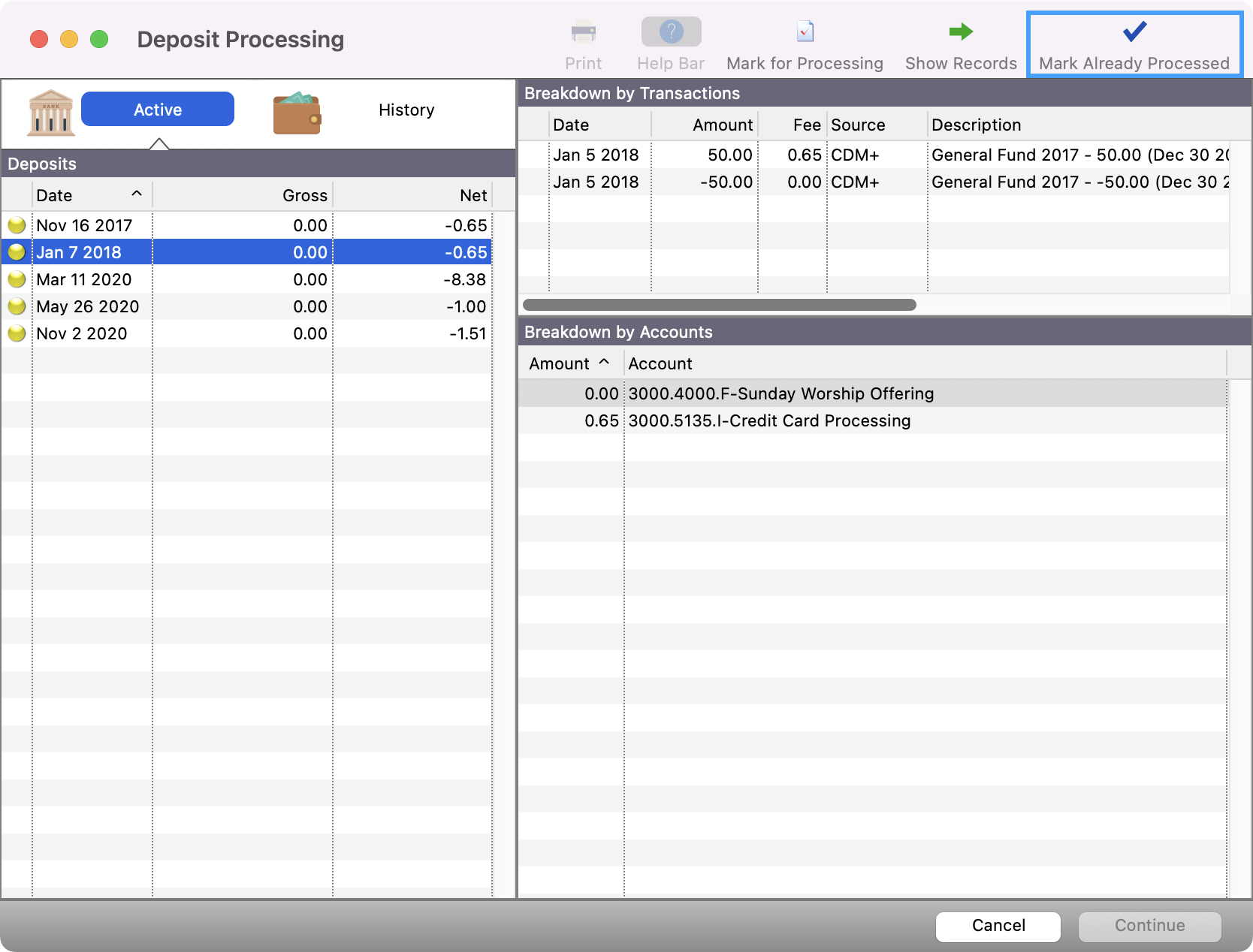 Deposit Processing window with a transaction highlighted and the Mark Already Process button highlighted.