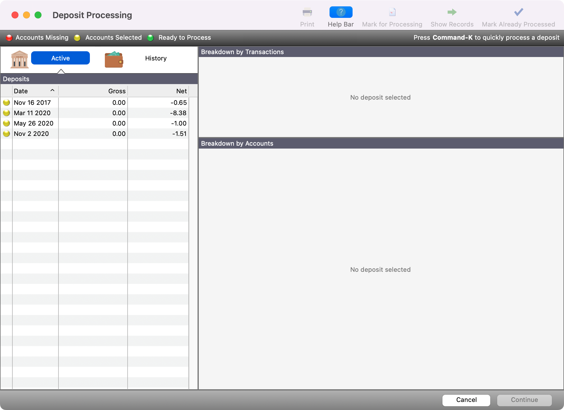 Deposit Processing window.