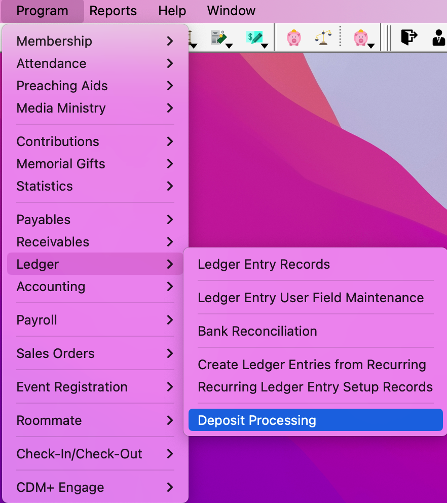 Navigation path to Deposit Processing
