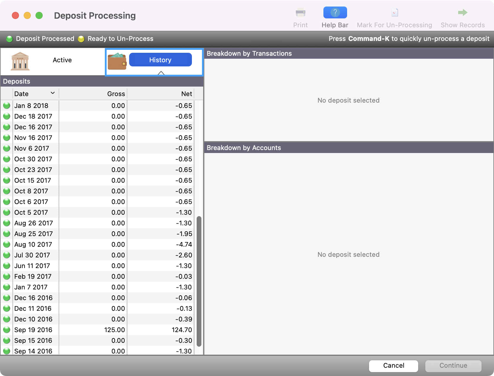 Deposit Processing window with the History button highlighted.