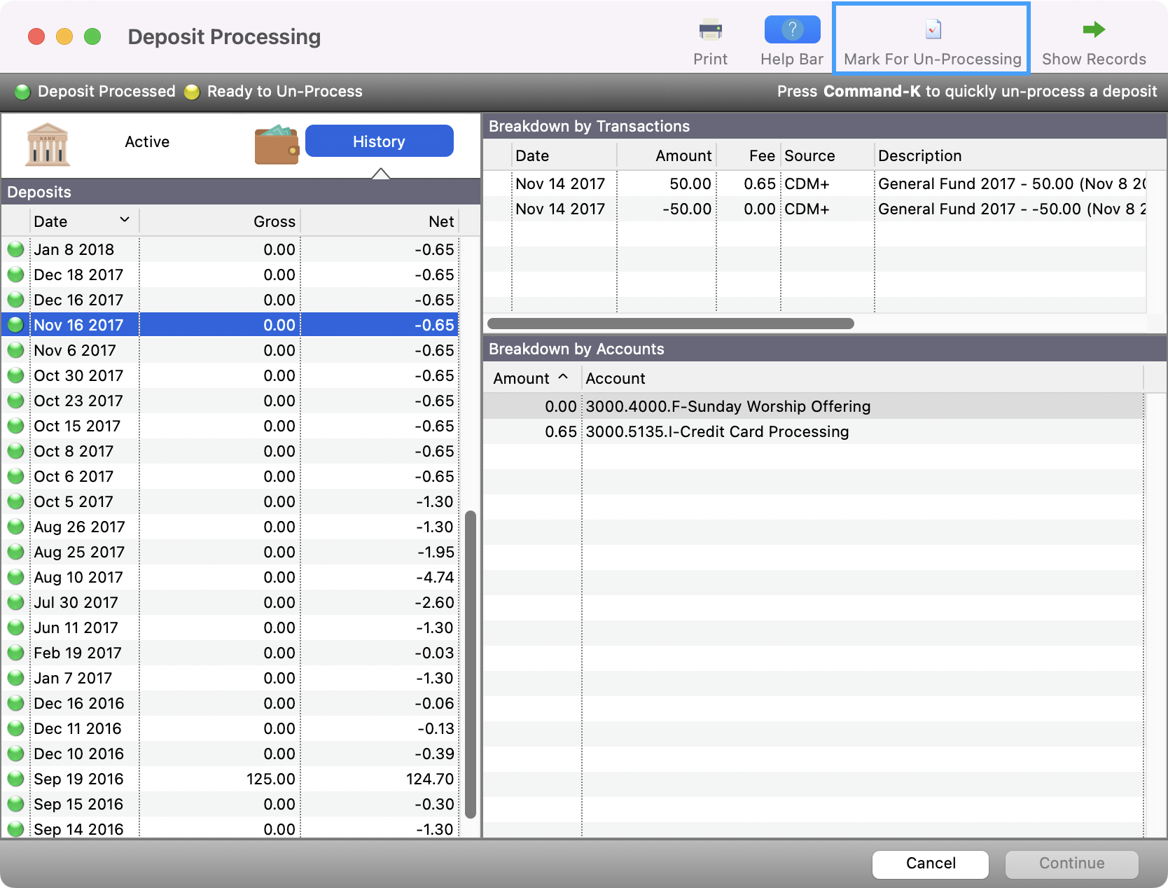 The Deposit Processing window with a transaction selected and the Mark for Un-Processing button highlighted.