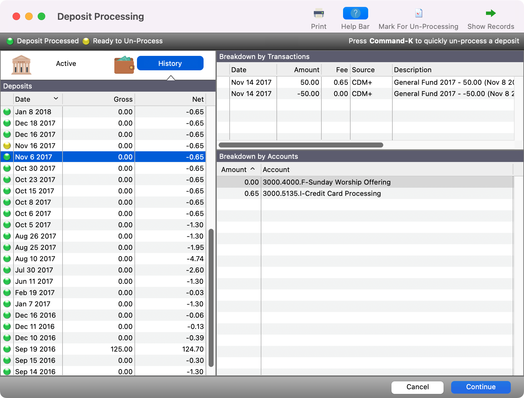 Deposit Processing window with Continue in the bottom right-hand corner..