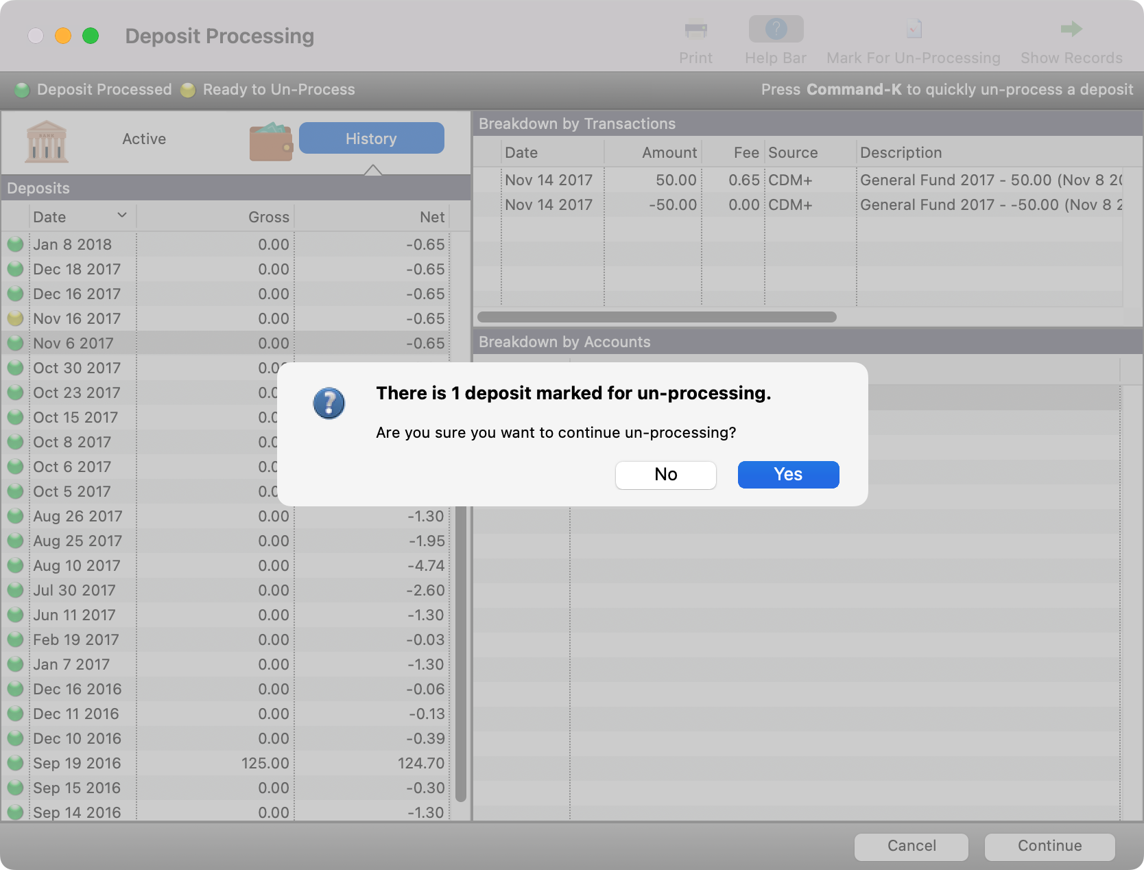 Un-processing pop-up confirmation.