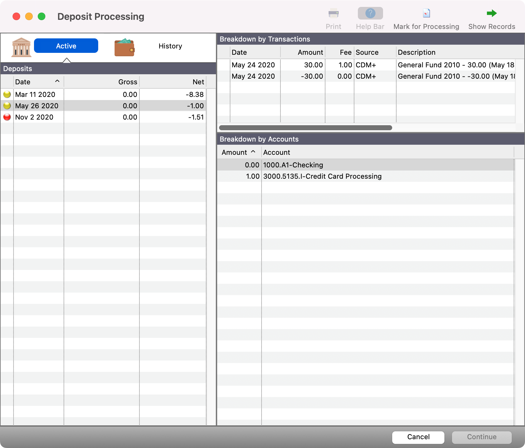 Deposit Processing Window