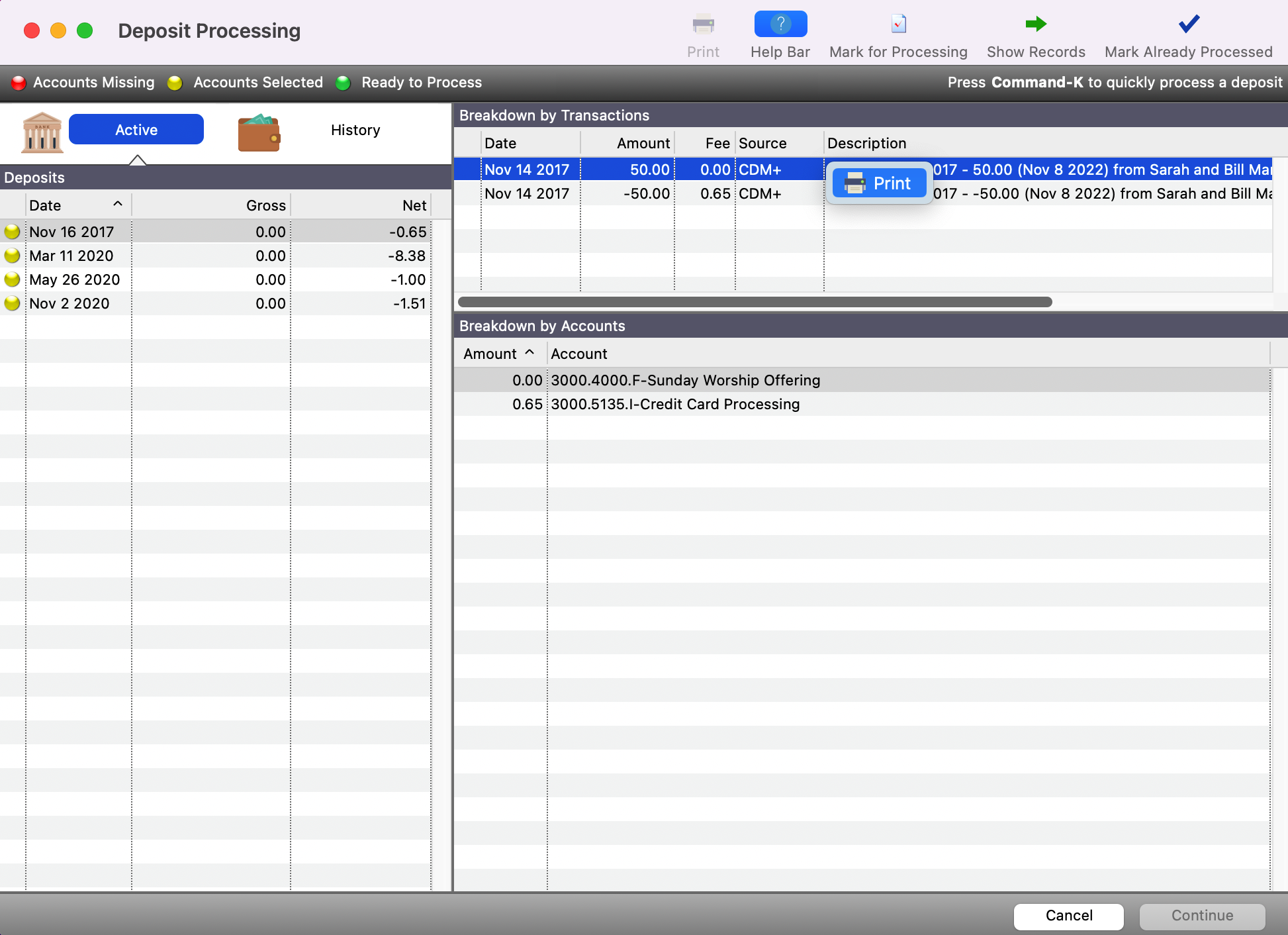 Deposit Processing window with a transaction selected and a Print option for a line on the Breakdown by Transaction.