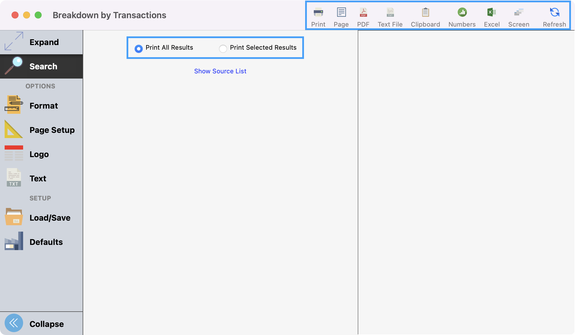 Breakdown by Transactions window with the print options and export options highlighted.