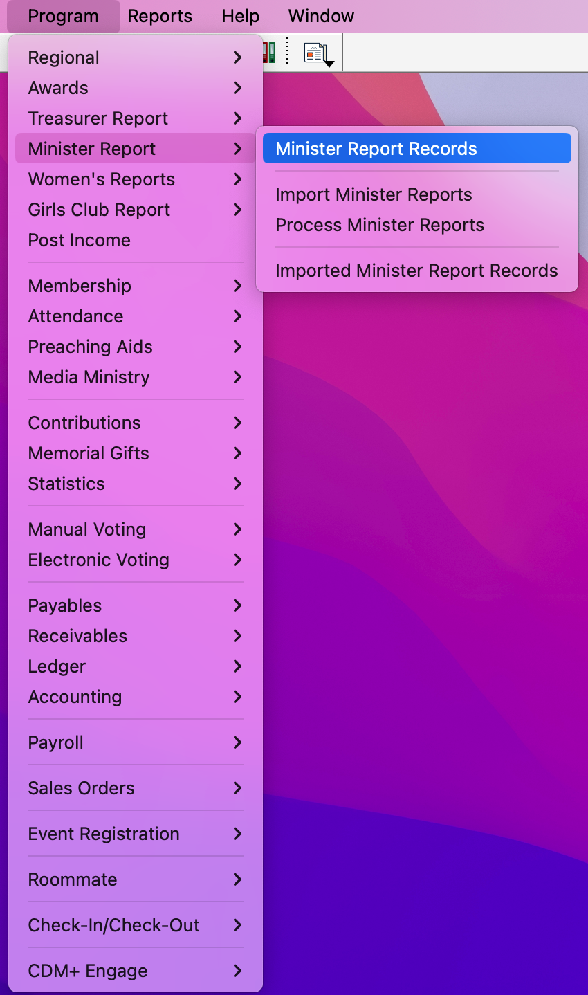 Navigation path to Minster Reports.