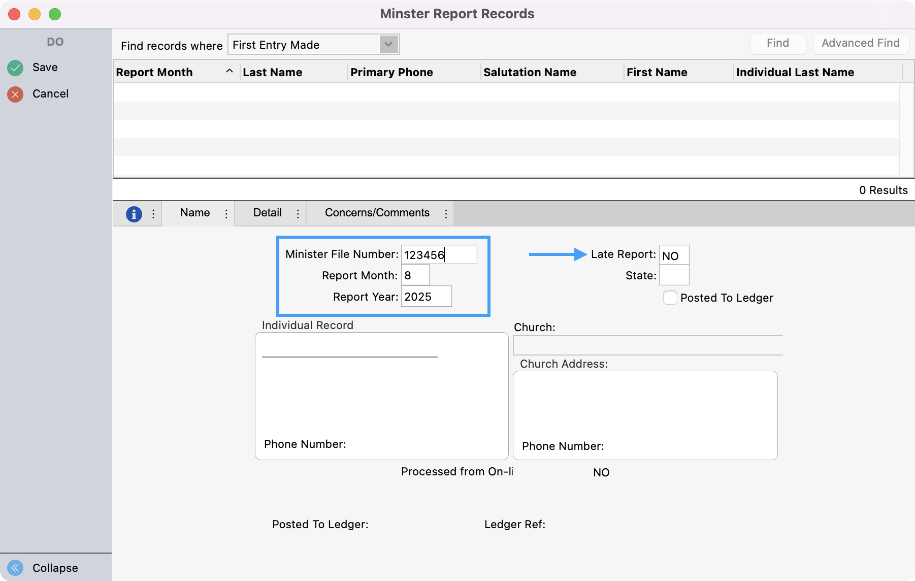 Minister Report Records in Add mode with Minister File Number, Report Month, and Report year highlighted with an arrow pointing to the Late Report field. 