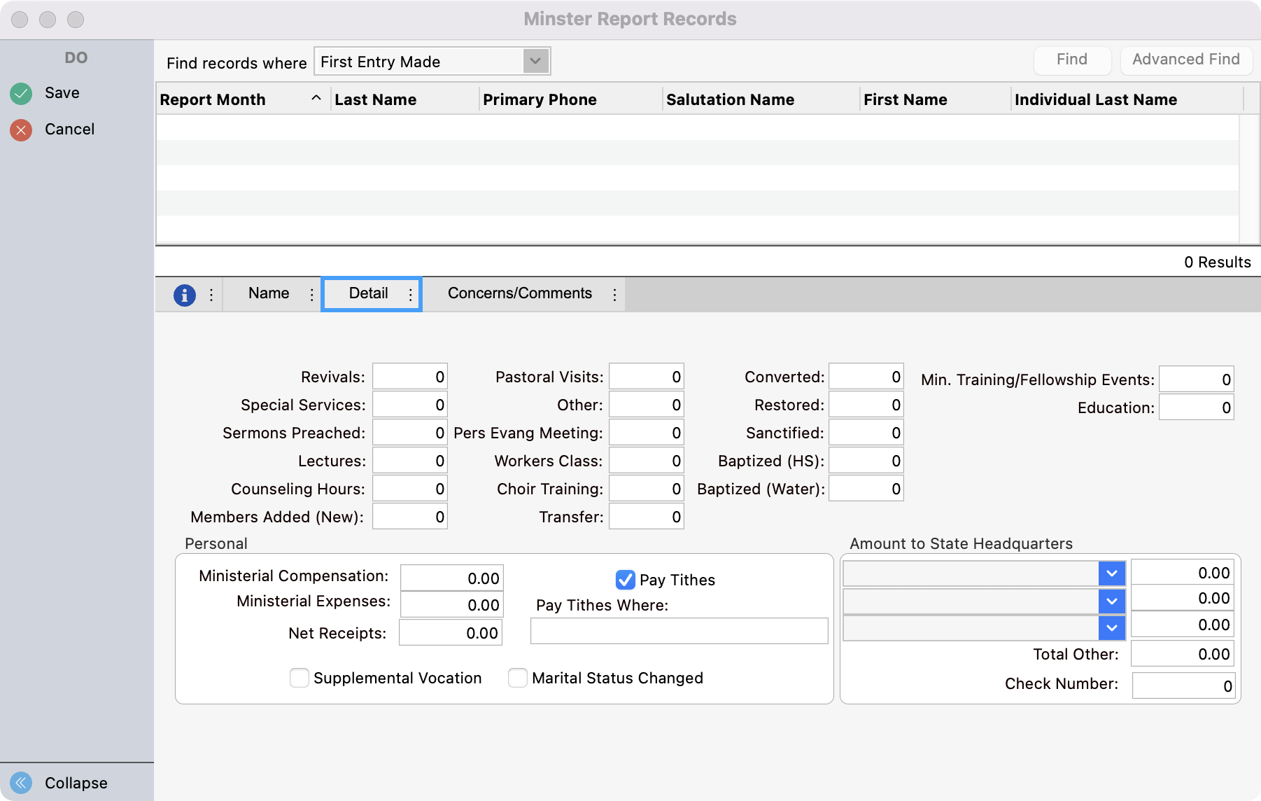 Minister Report Records with the Detail tab highlighted.