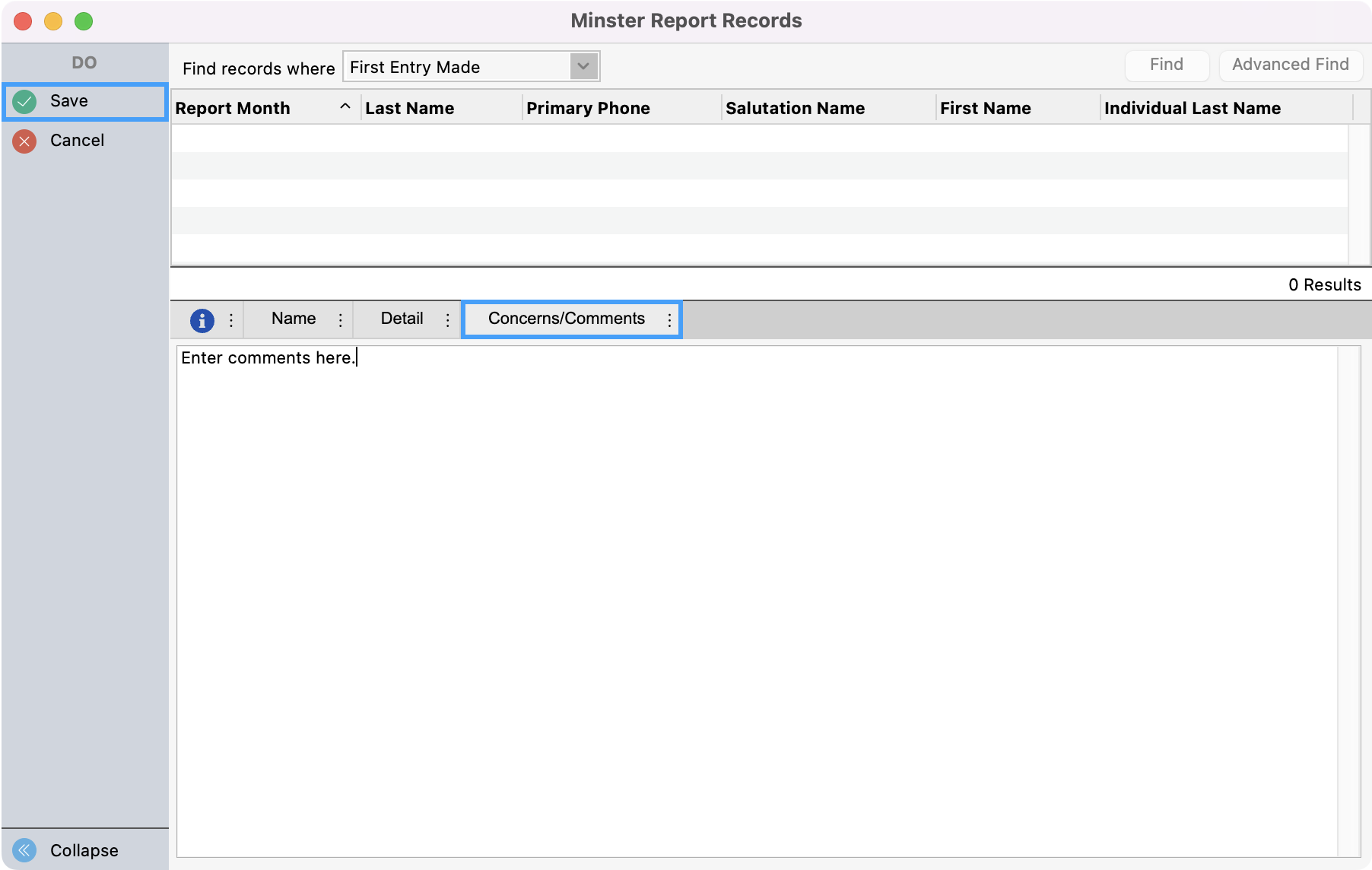 Minsiter Report Records window with the Concerns and Comments tab and Save highlighted.