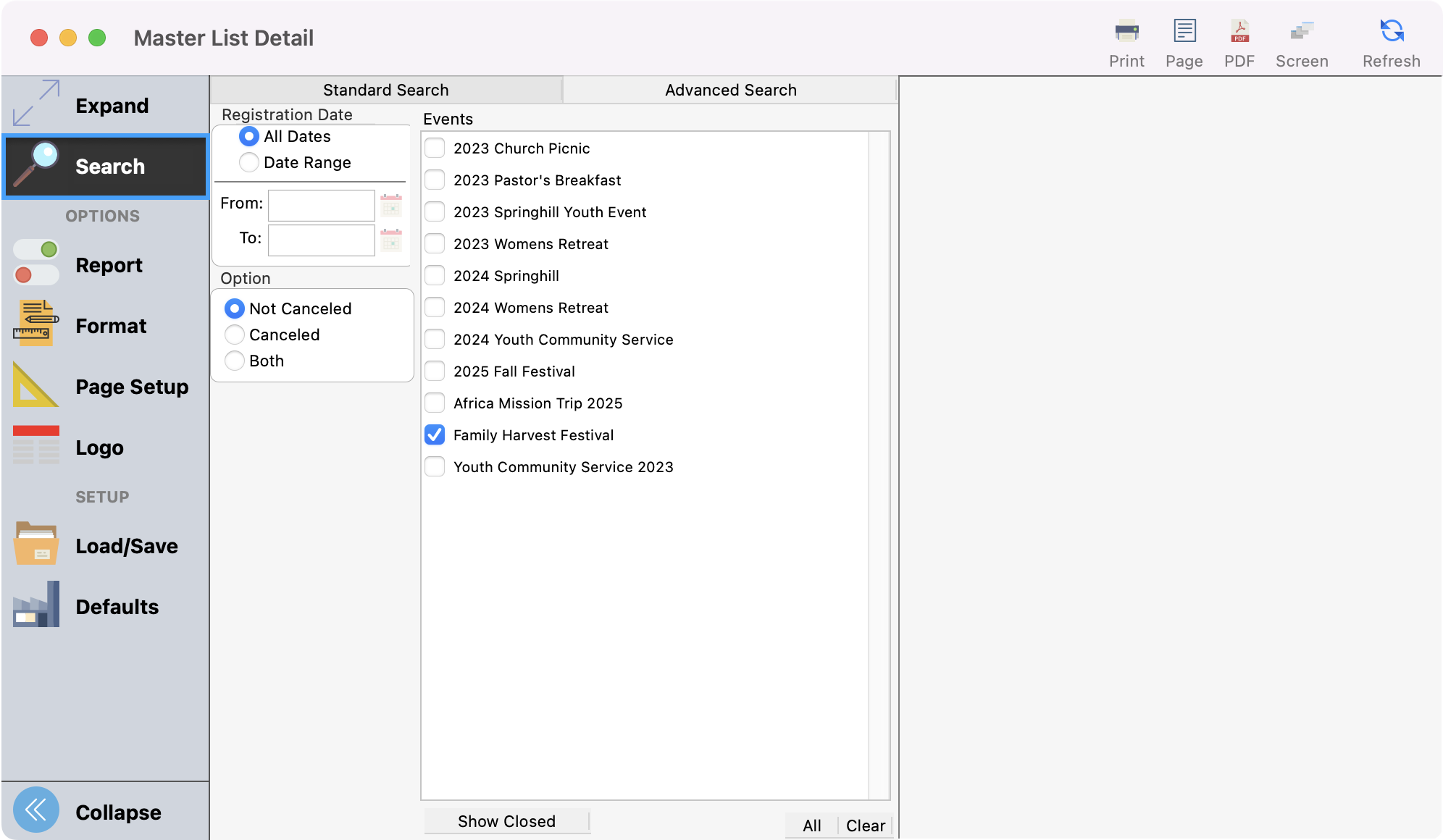 Master List Detail window with Search highlighted in the left sidiebar.