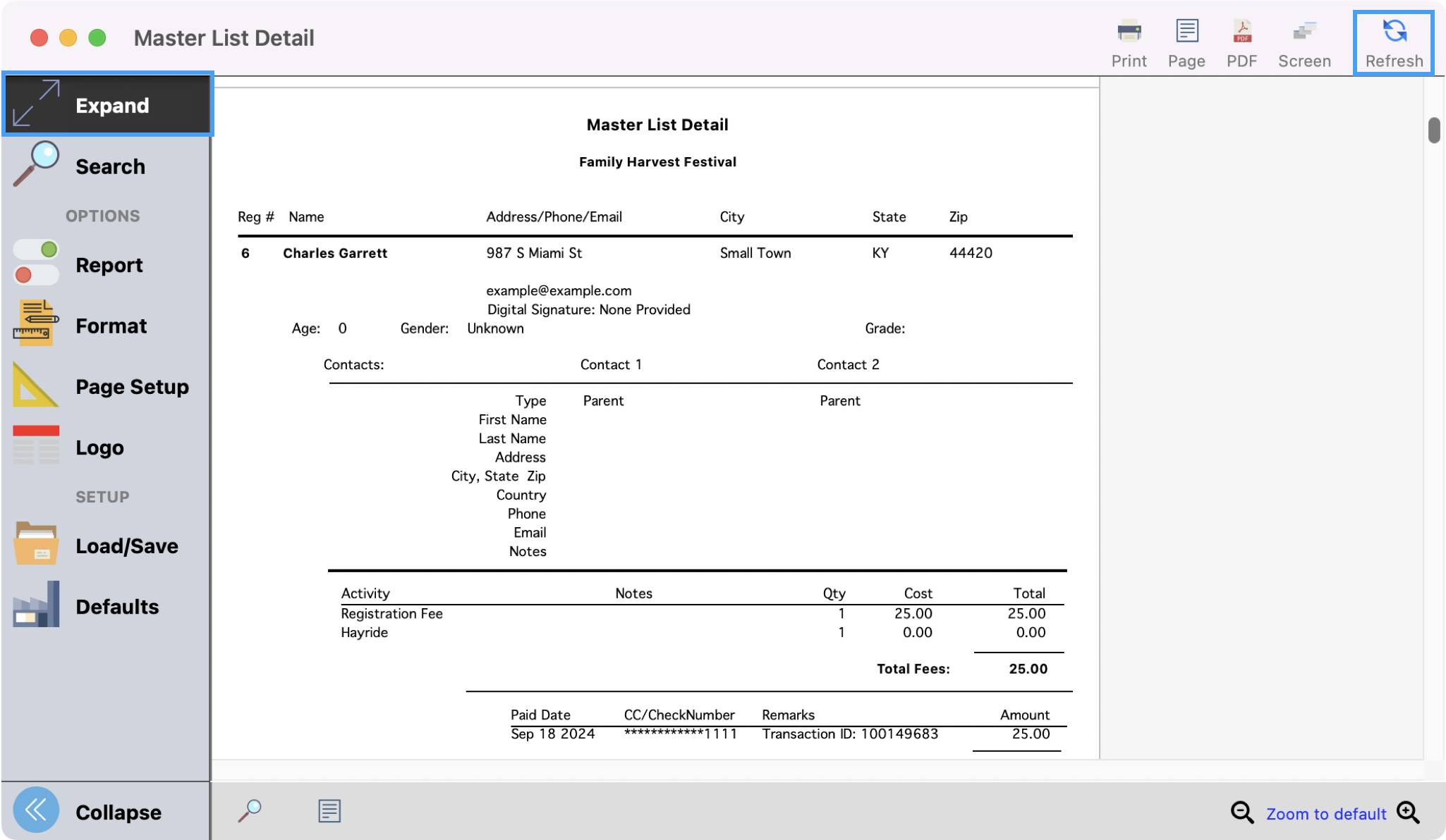 Master List Detail window with Expand highlighted in the left sidebar and Refresh highlighted in the upper right-hand corner. 