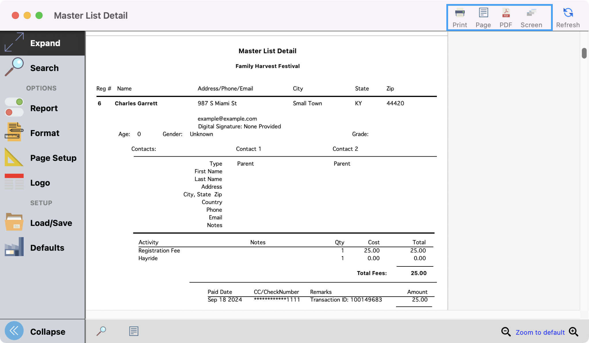 Master List Detail report windowo with the print and export options highlighted.