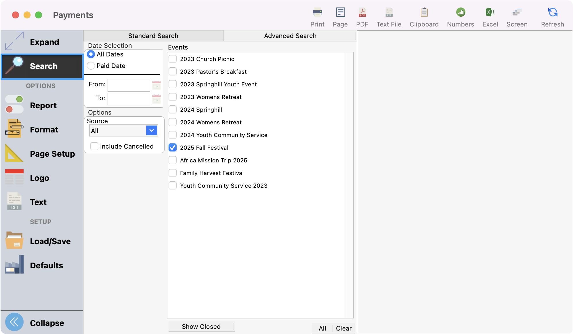 Payments report window with the Search menu highlighted. 