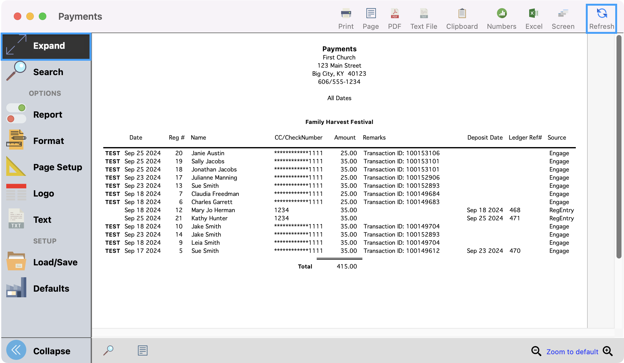 Payments window with Expand highlighted in the left sidebar and Refresh highlighted in the upper right-hand corner.