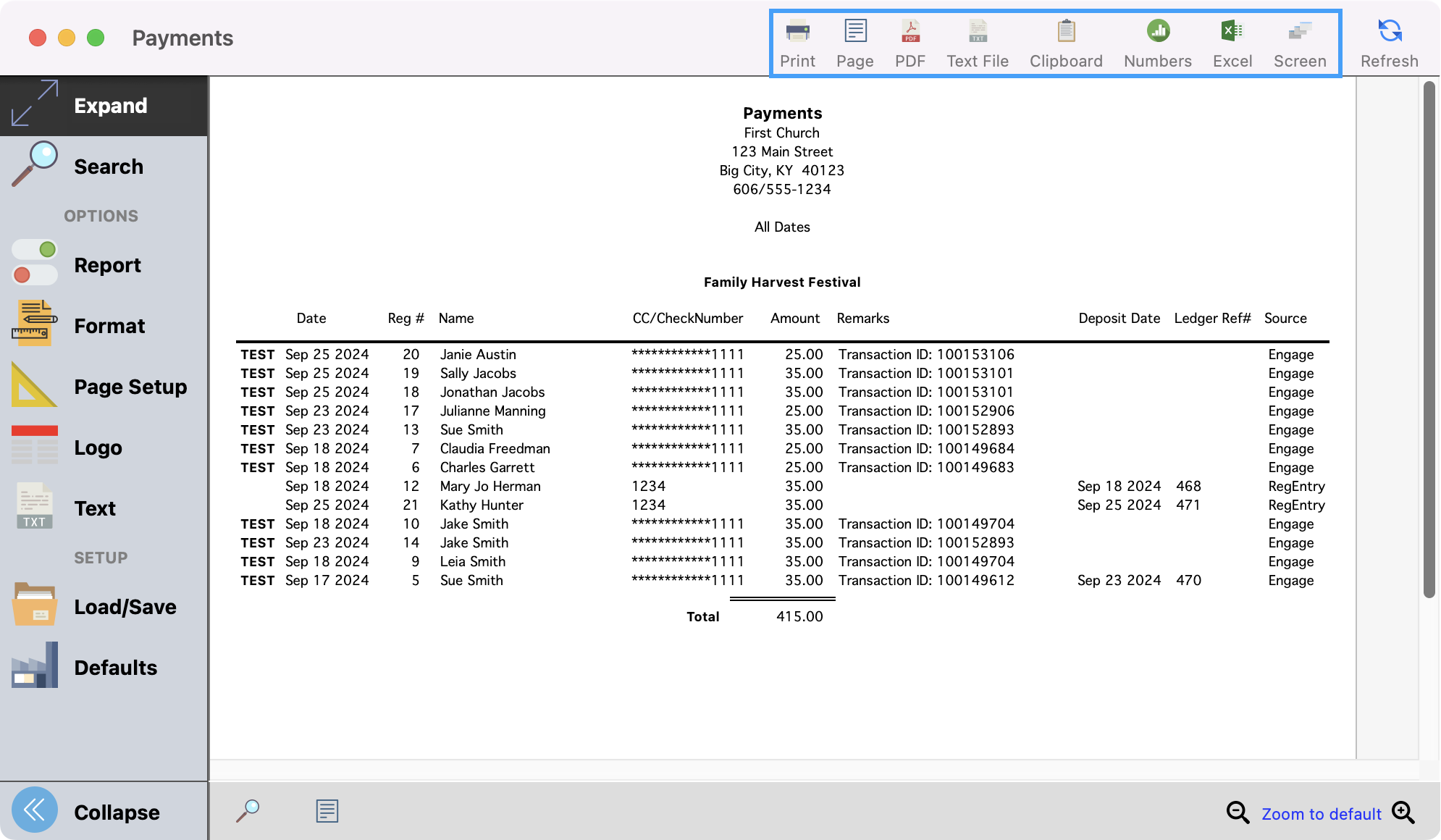 Payments window with print and export options highlighted.