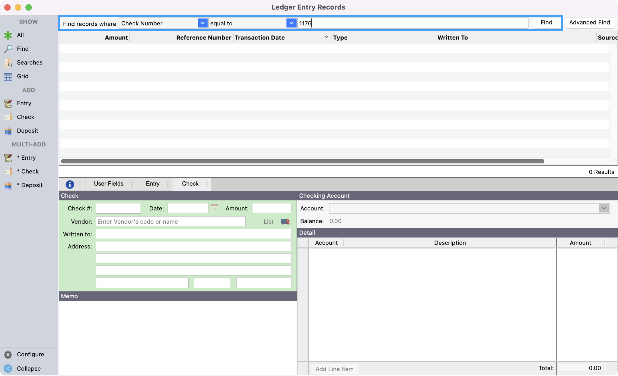 Ledger Entry Records window with the Find options highlighted. 