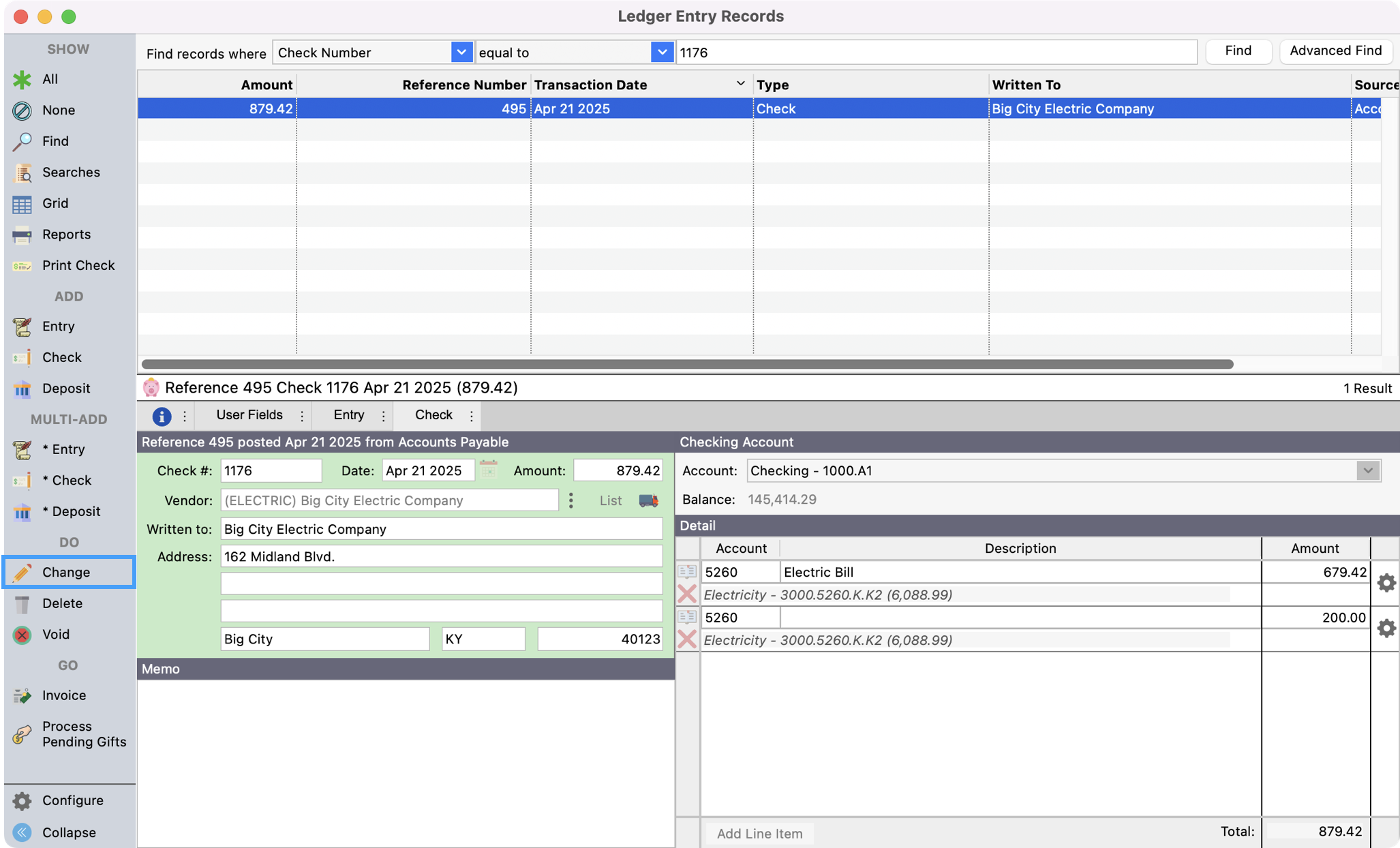 Ledger Entry Records window with the check selected and Change highlighted in the left sidebar.