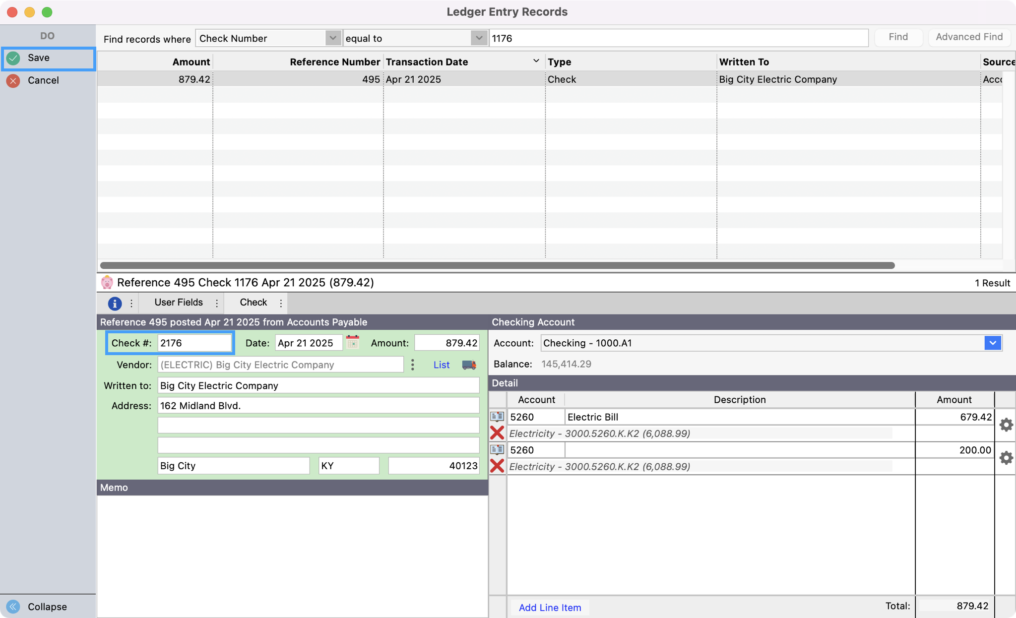 Ledger Entry Resource window in Change mode with the check number field and Save highlighted.