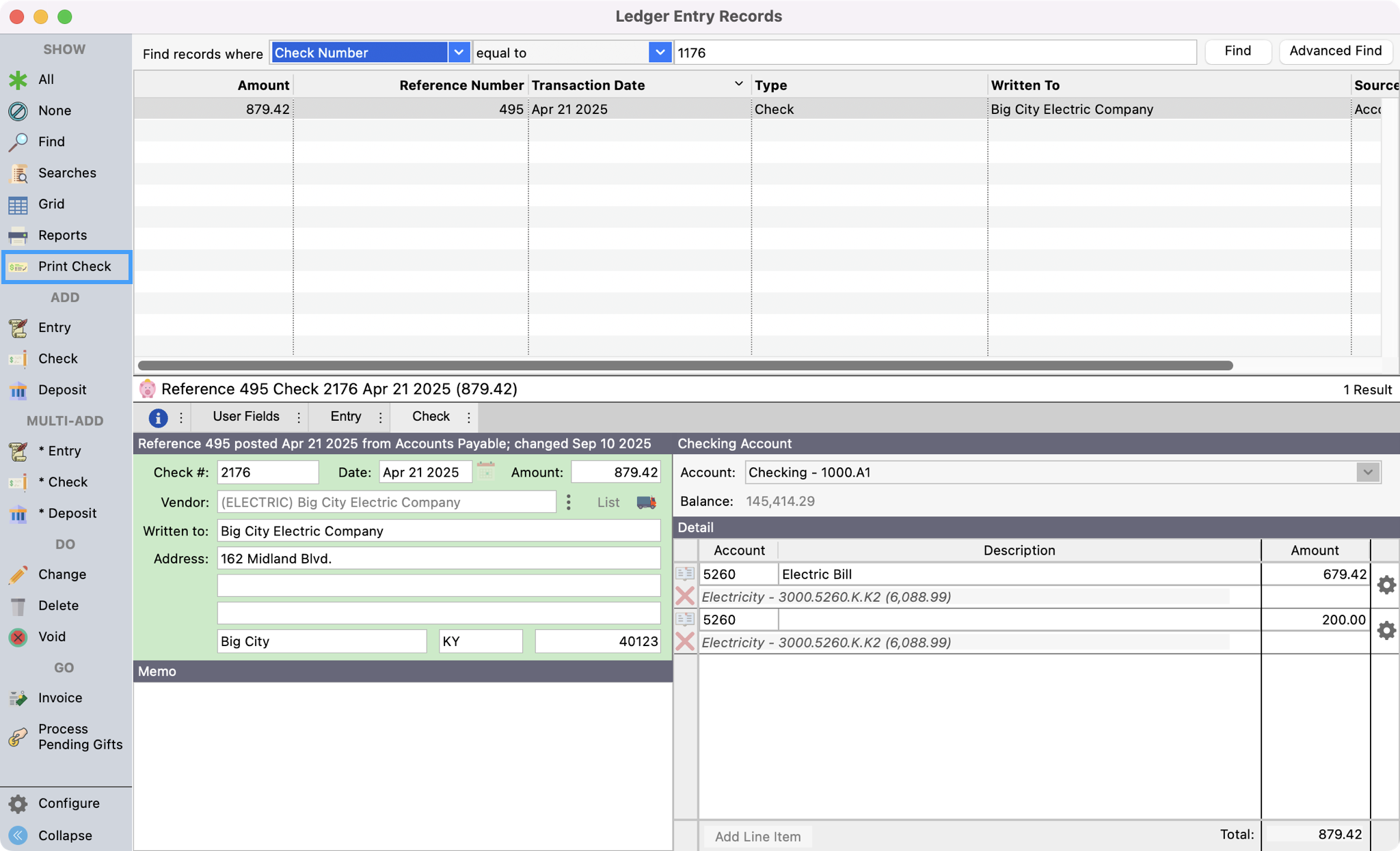 Ledger Entry Window with a check selected and Print Check highlighted in the left sidebar. 
