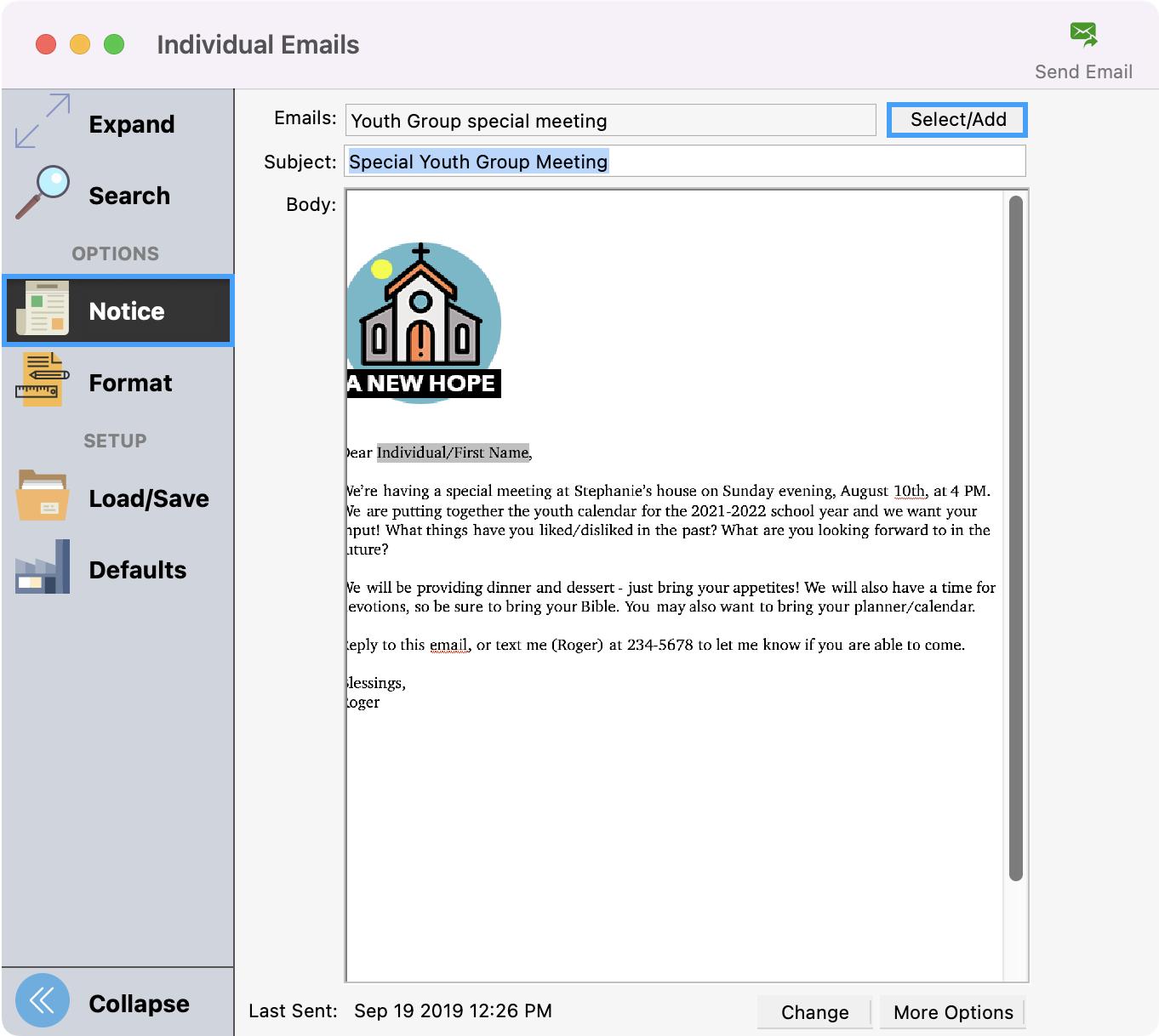 Individual Emails window with Notice and the Select Add button highlighted.