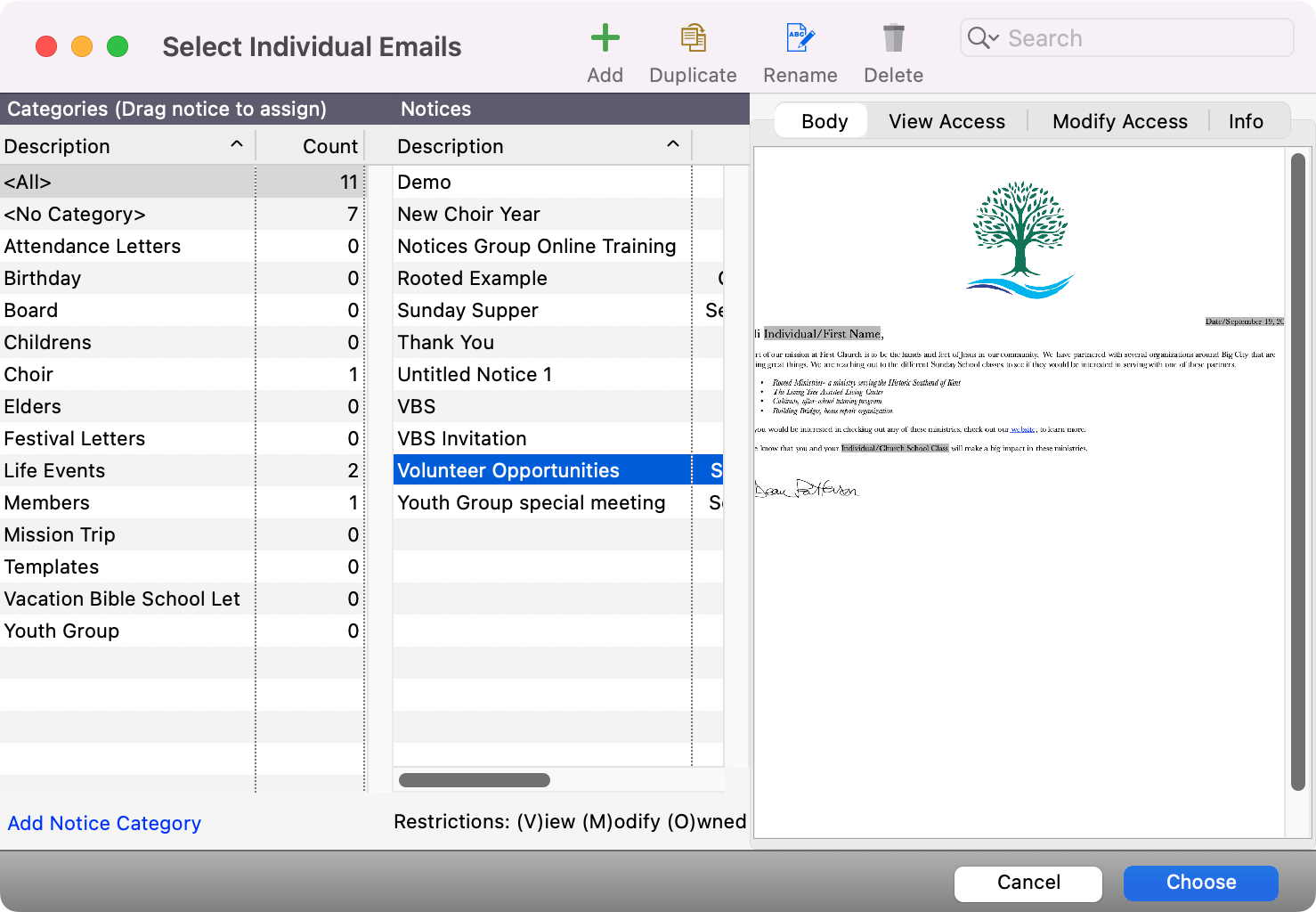 Select Individual Emails window with a notice selected.