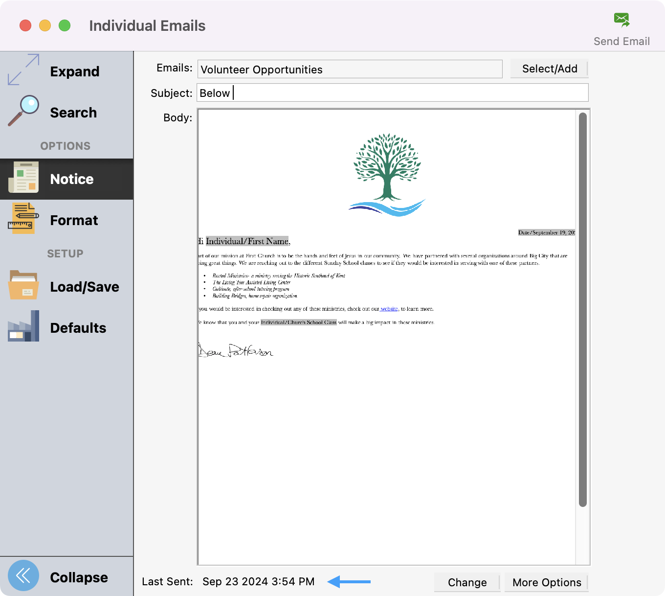 Individual Emails window with an arrow pointing to the last sent date and time.
