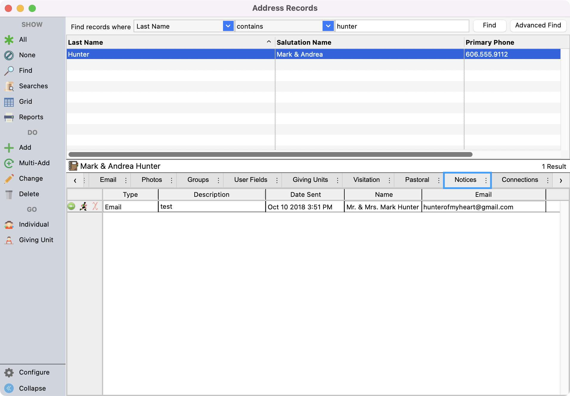Address Record window with a record selected and the Notices tab highlighted. 