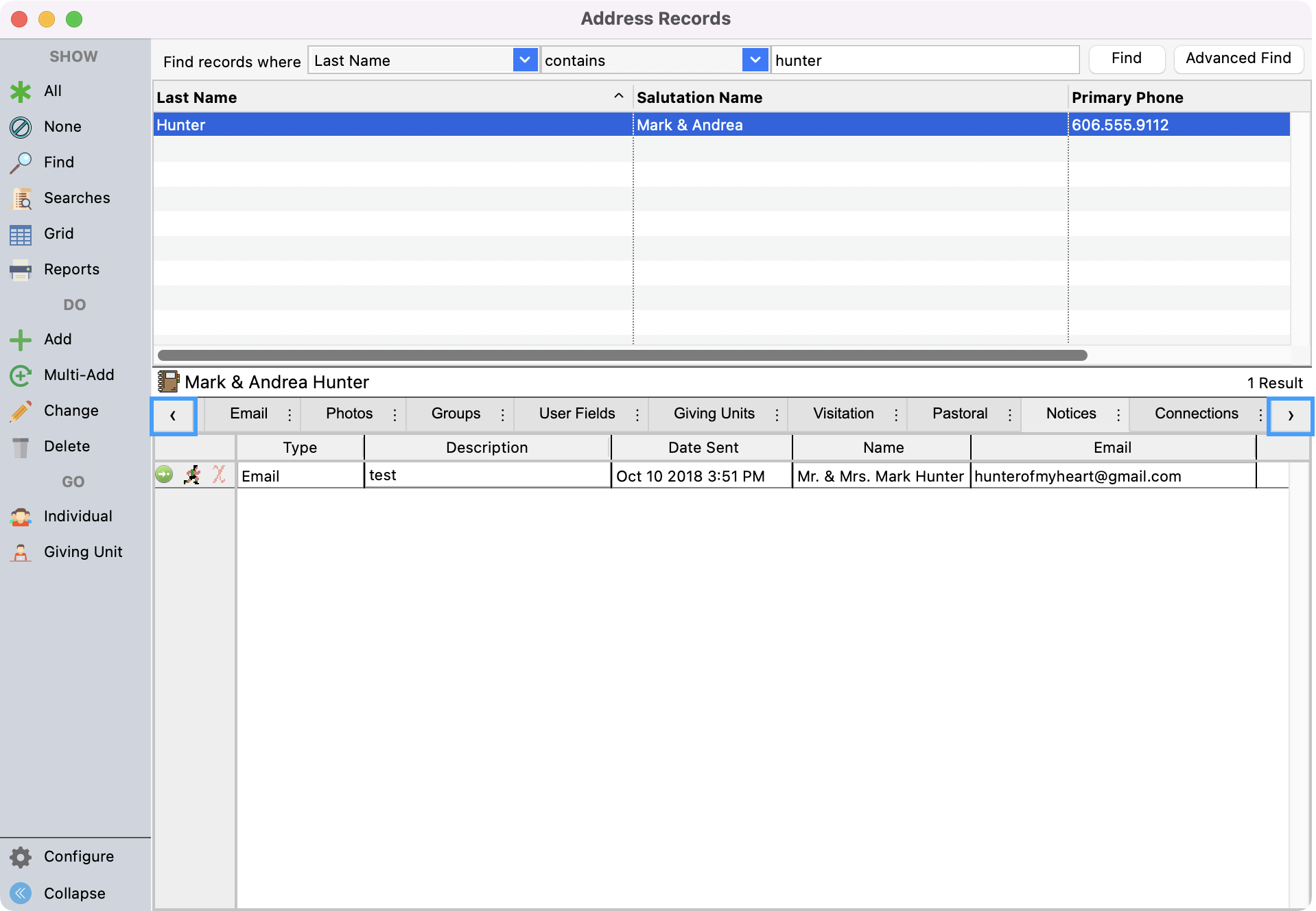 Address Records window with a record selected and the scroll tabs highlighted.