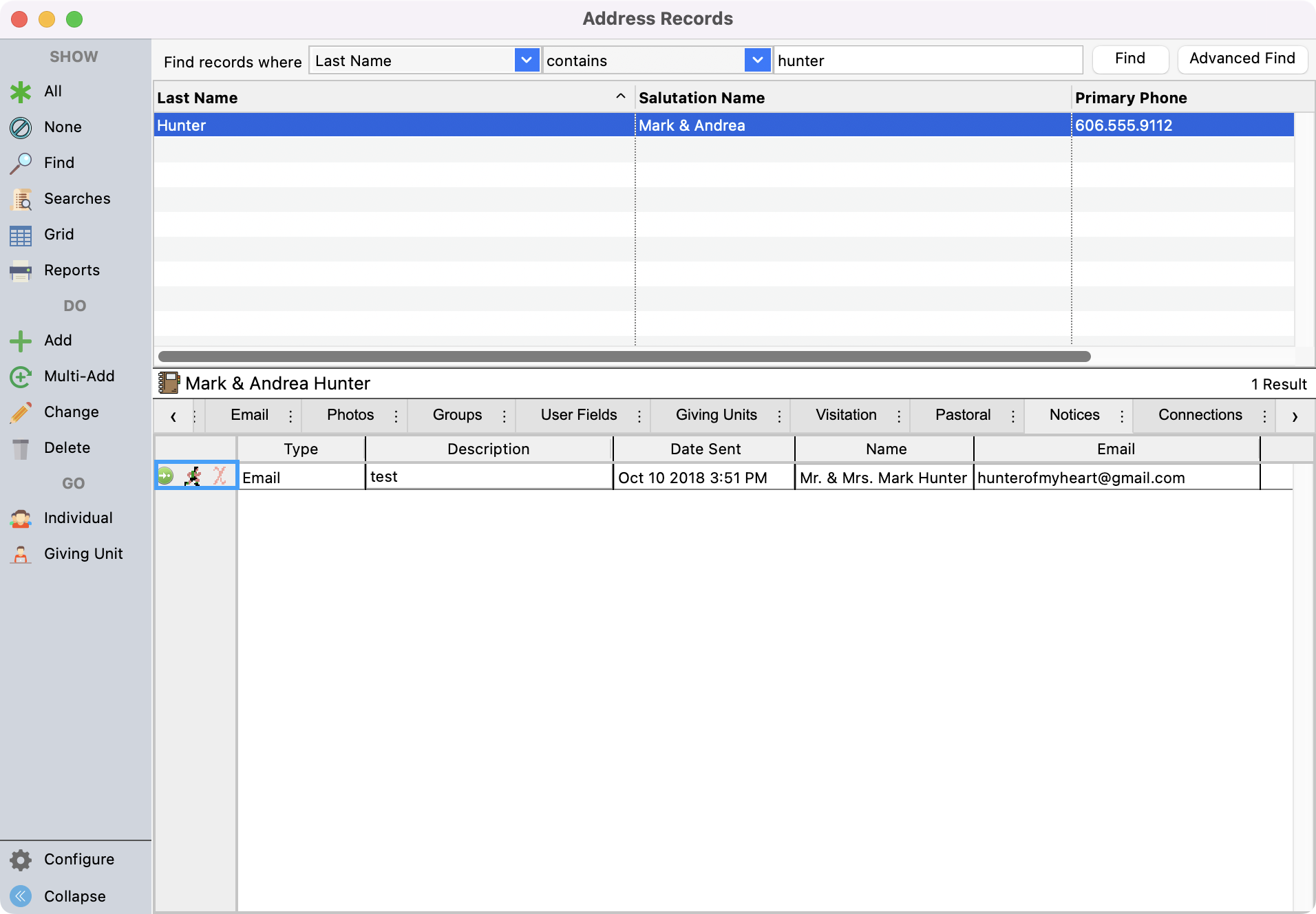 Address Records window under the Notices tab with the options for notices sent highlighted.
