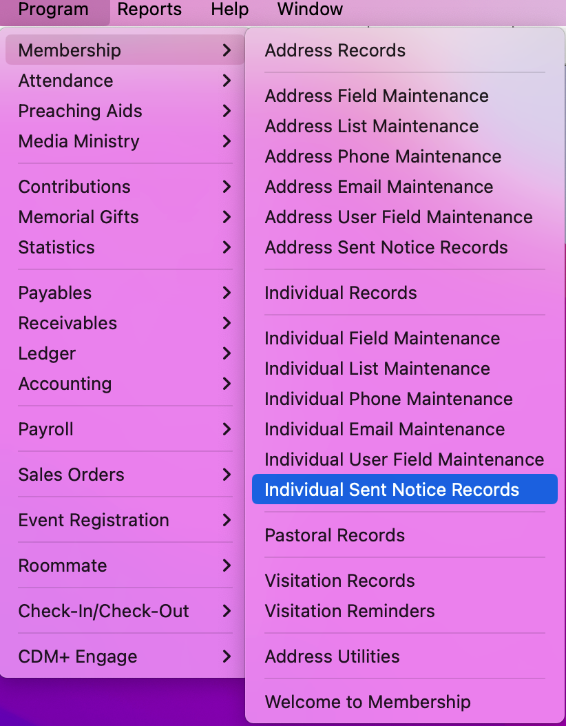 Navigation path to Individual Sent Notice Records.