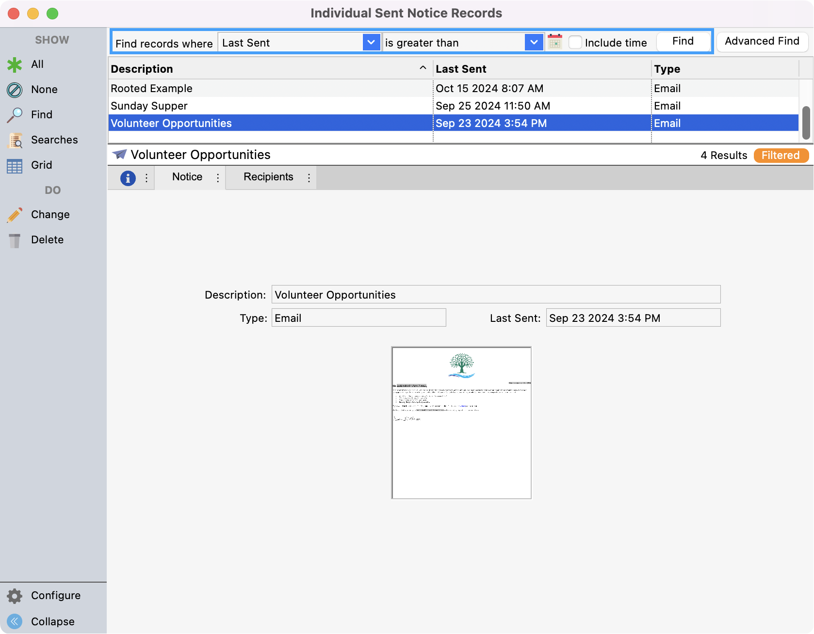 Individual Sent Notice Records with the find options highlighted. 