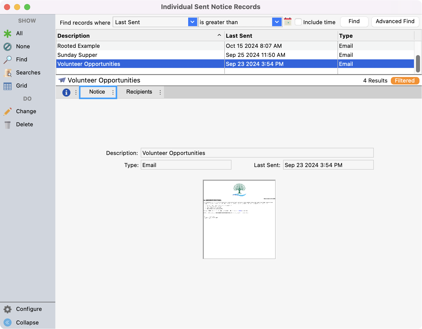 Individual Sent Notice Records with the Notice tab highlighted.