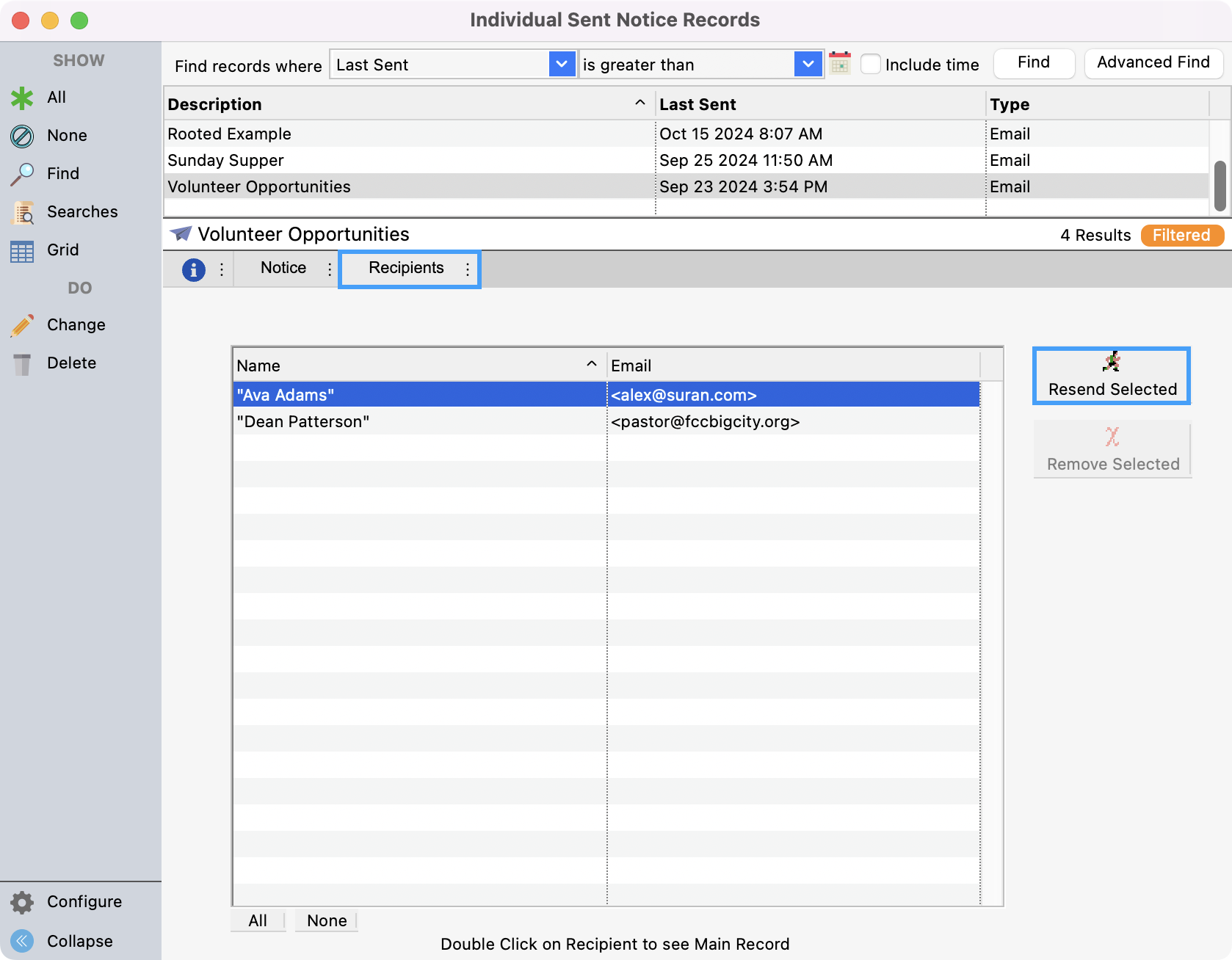 Individual Sent Notice Records with the Recipients tab highlighted.