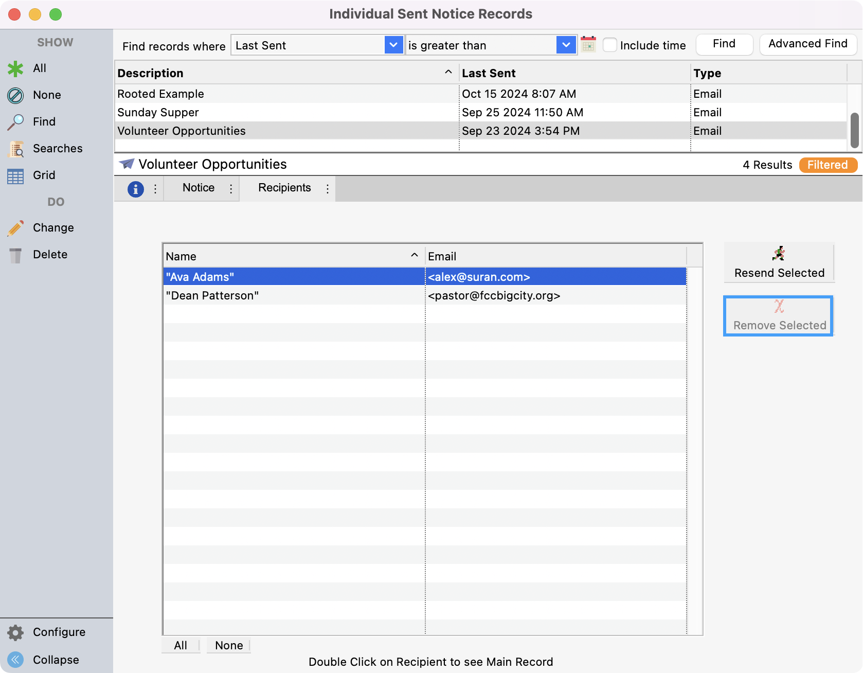 Individual Sent Notice Records with the Remove Selected button highlighted.