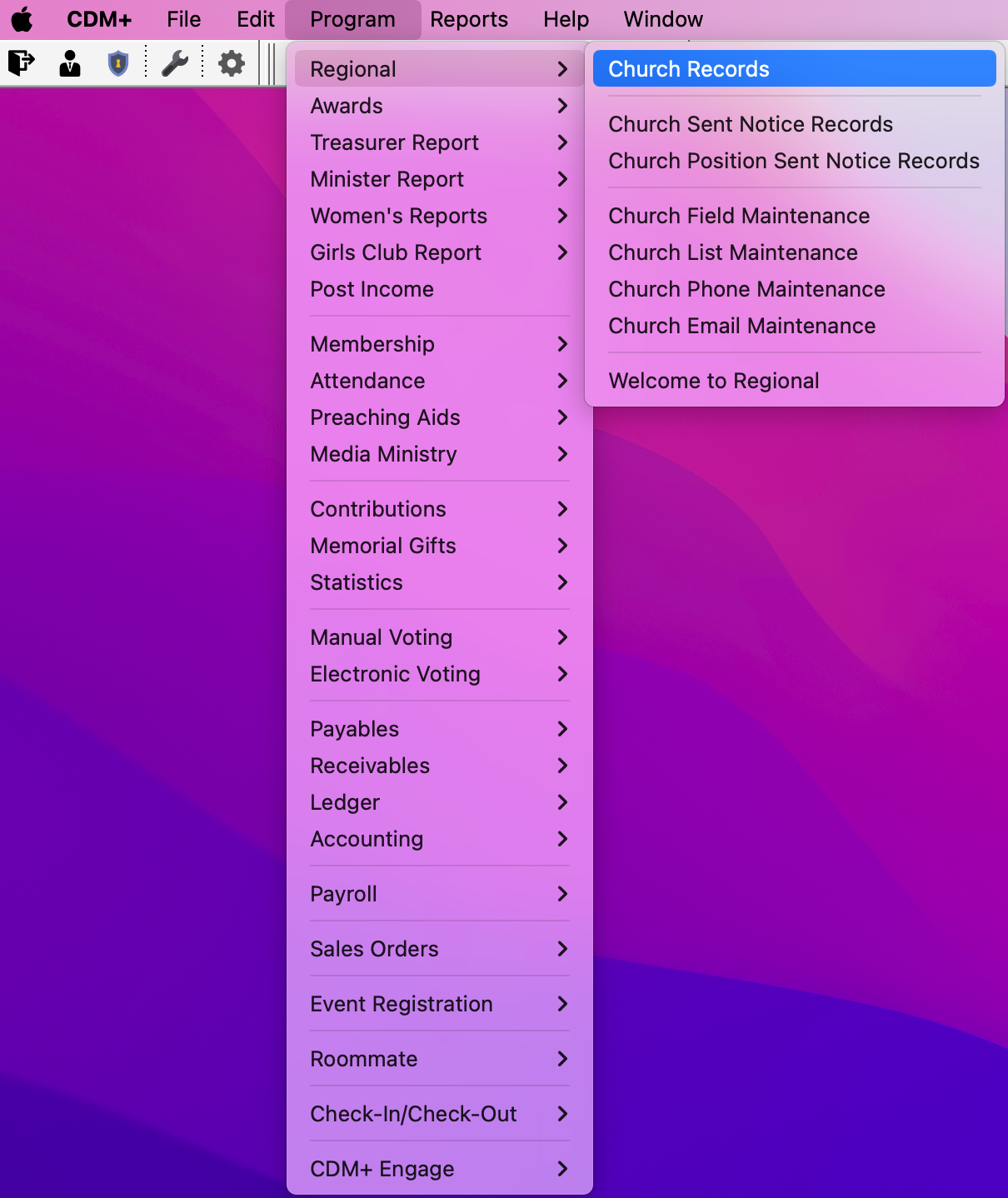 Navigation path to Church Records.