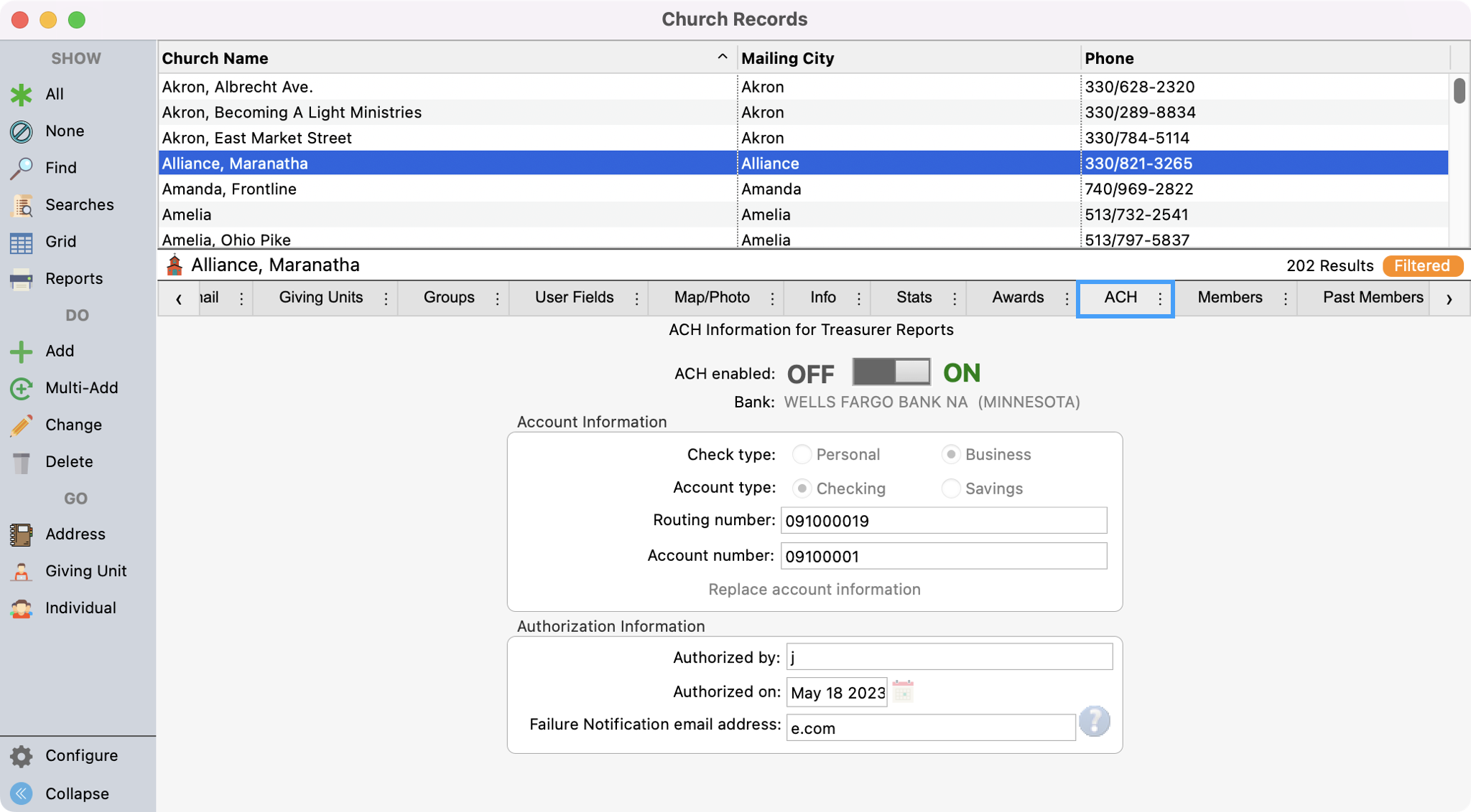 Church records window with a church record selected and the ACH tab highlighted. 