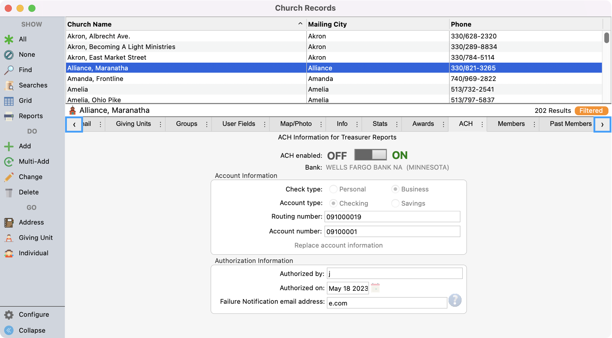 Church records window with the scroll tabs highlighted.