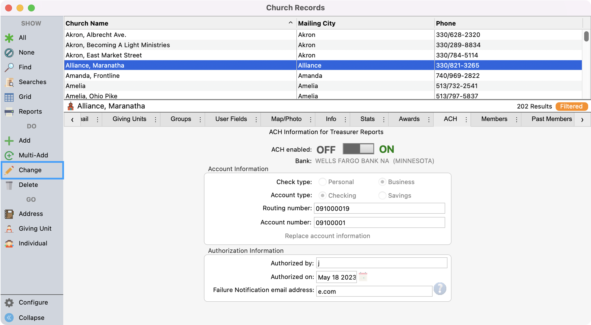 Church Records window with a church record selected and Change highlighted in the left sidebar.