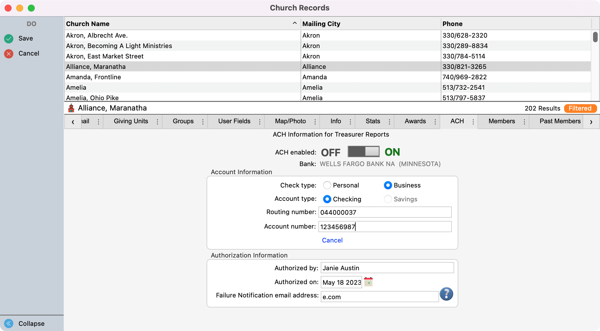 Church Records window in change mode. 