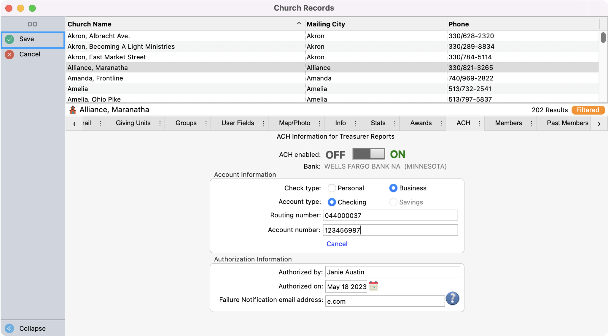 Church Record window with Save highlighted. 