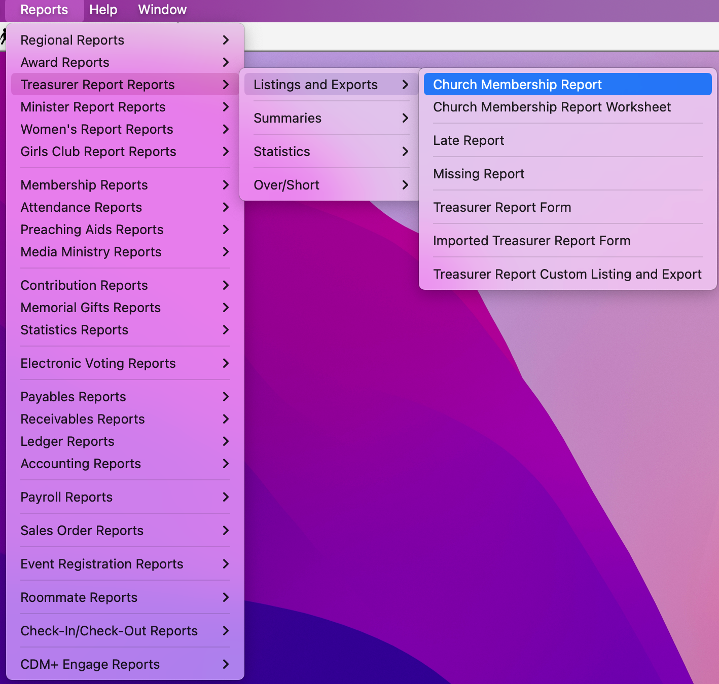 Navigation path to Church Membership Report.